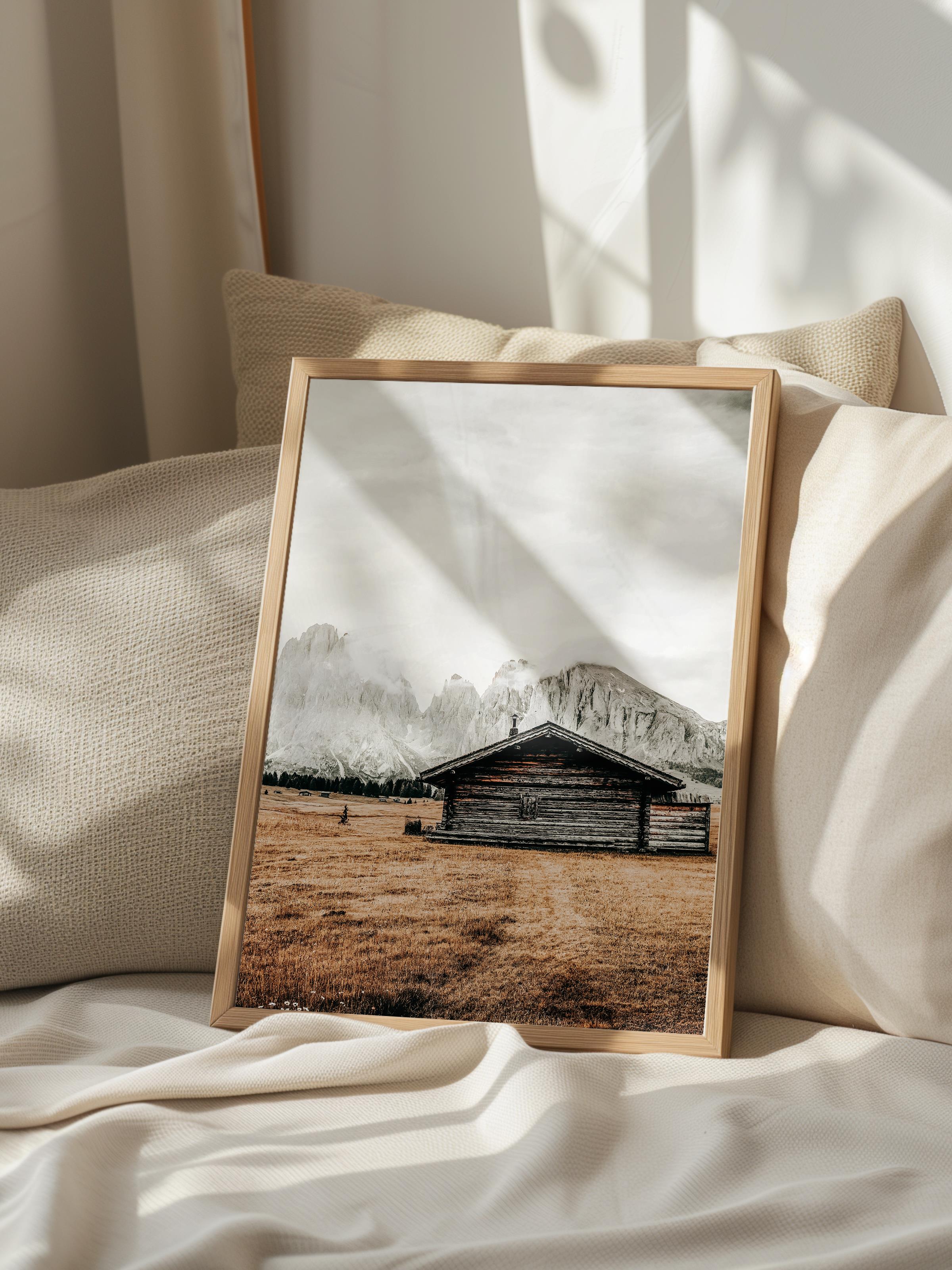 Rustic Çerçevesiz Poster, İskandinav Kahverengi Poster, NO:126 Ahşap Kulübe ve Çimenler Fotoğraf