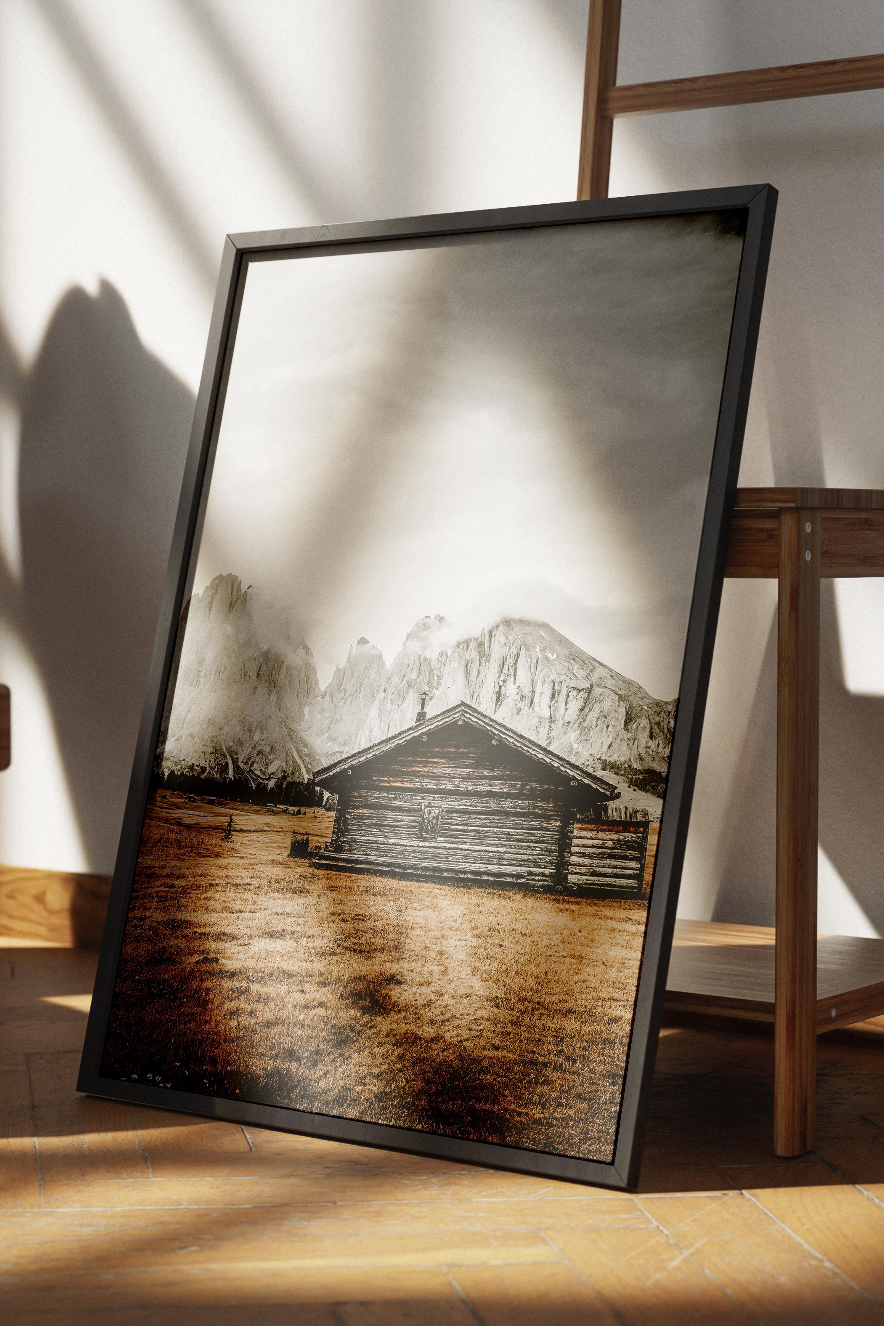 Rustic Çerçevesiz Poster, İskandinav Kahverengi Poster, NO:126 Ahşap Kulübe ve Çimenler Fotoğraf