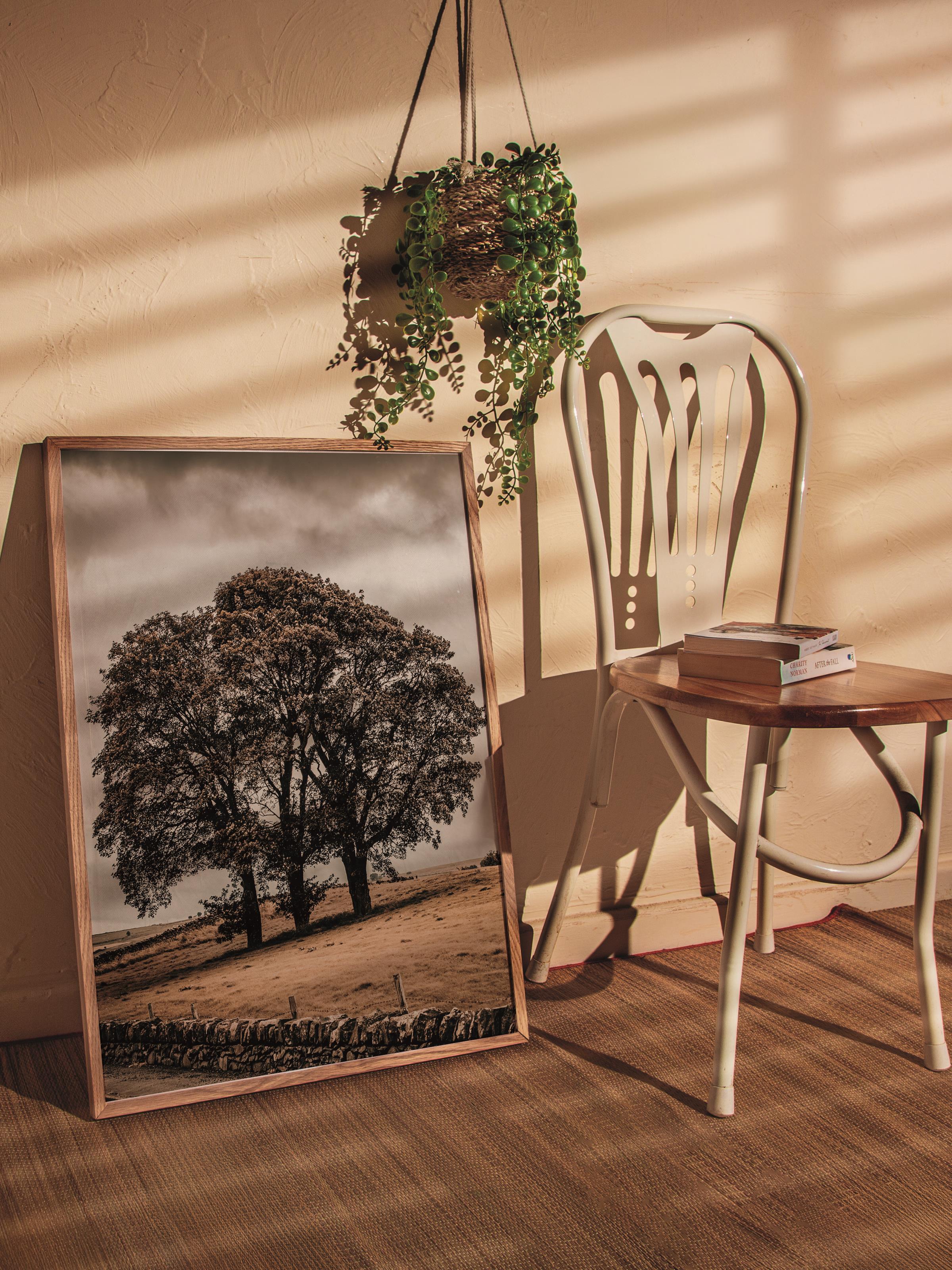 Rustic Çerçevesiz Poster, İskandinav Kahverengi Poster, NO:127 Ağaç ve Tarla Fotoğraf, Dikey
