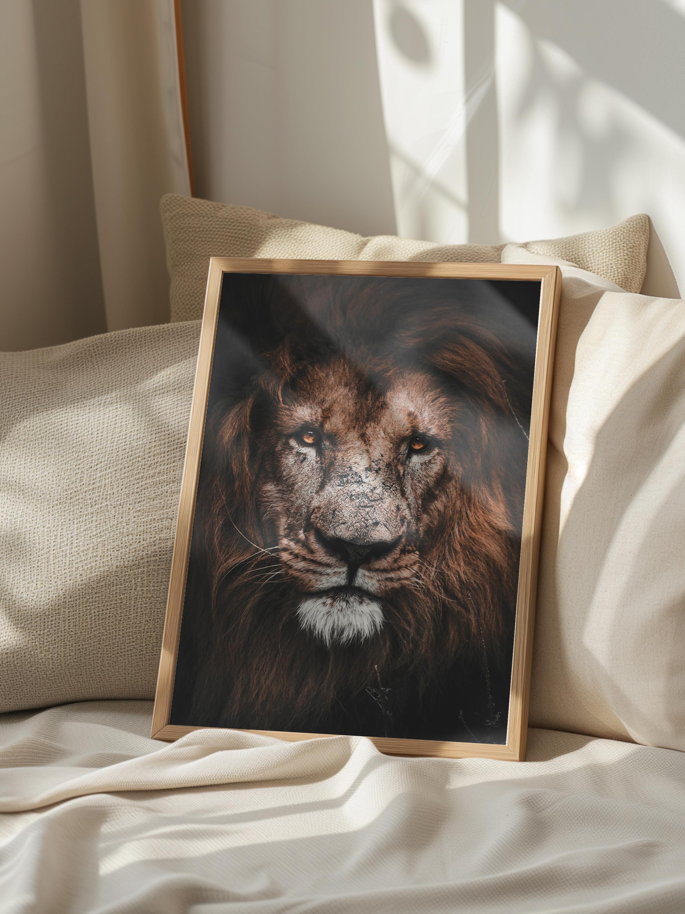 Rustic Çerçevesiz Poster, İskandinav Kahverengi Poster, NO:129 Aslan Portresi Fotoğraf, Dikey
