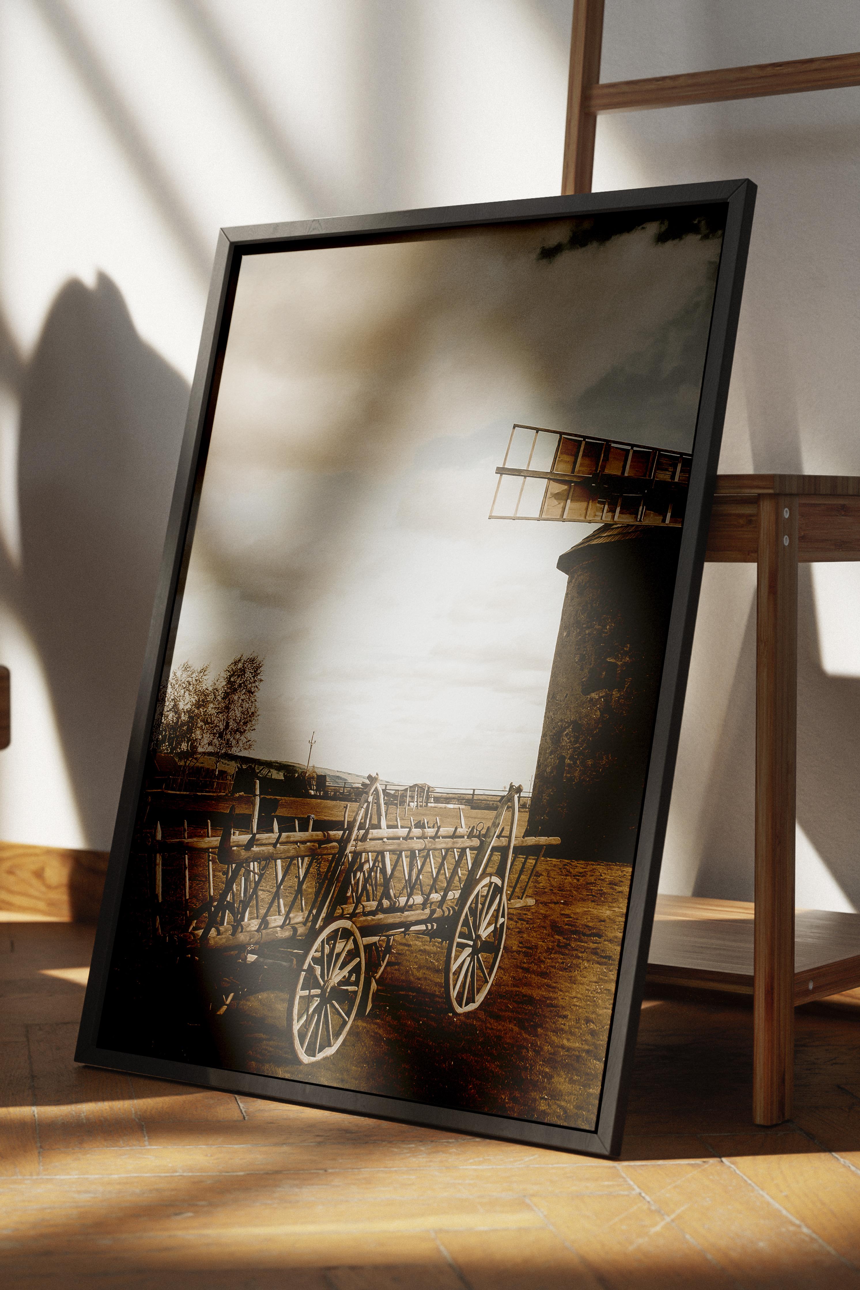 Rustic Çerçevesiz Poster, İskandinav Kahverengi Poster, NO:14 Eski Yel Değirmeni ve Tekerlek Fotoğraf