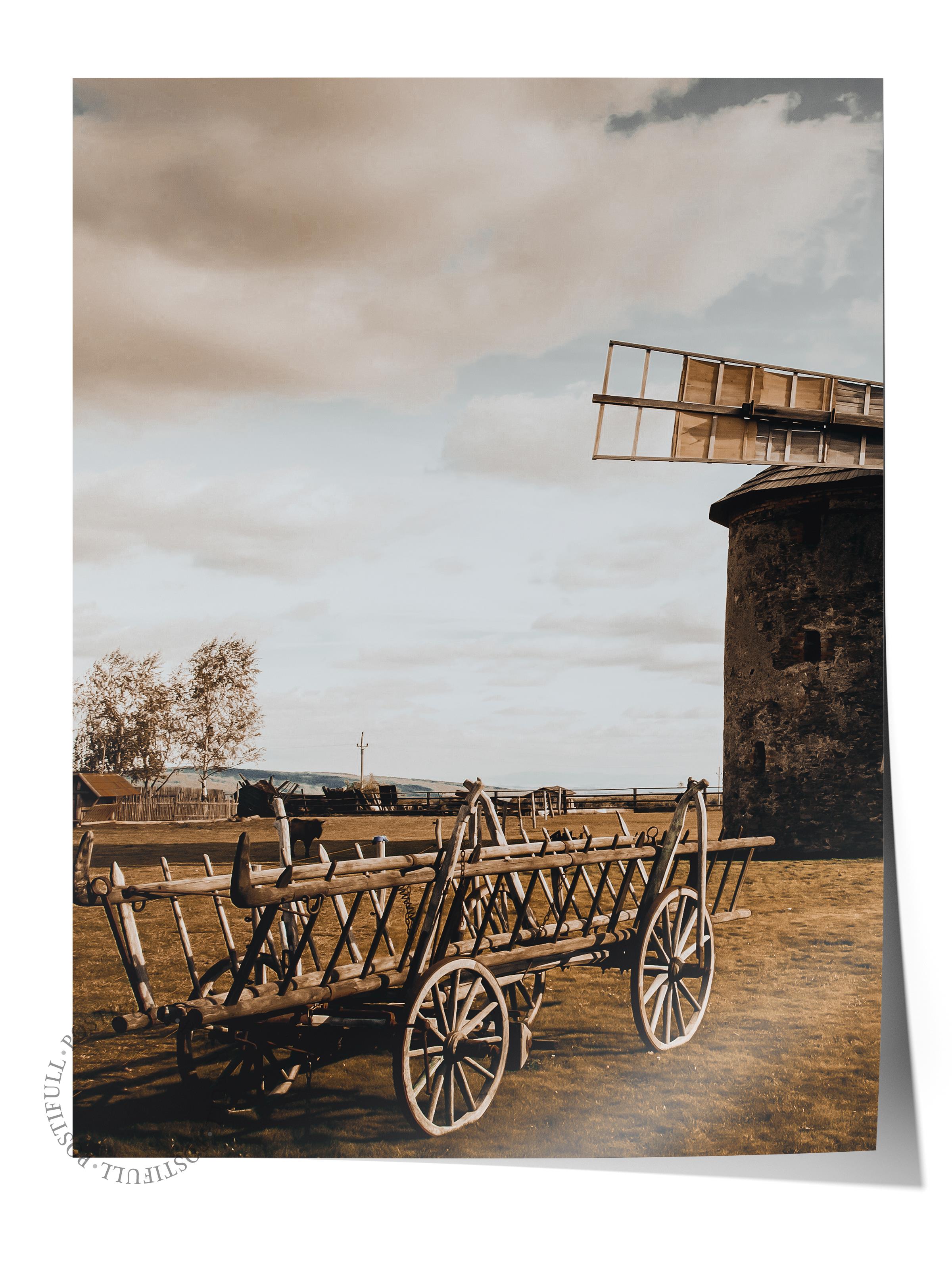 Rustic Çerçevesiz Poster, İskandinav Kahverengi Poster, NO:14 Eski Yel Değirmeni ve Tekerlek Fotoğraf