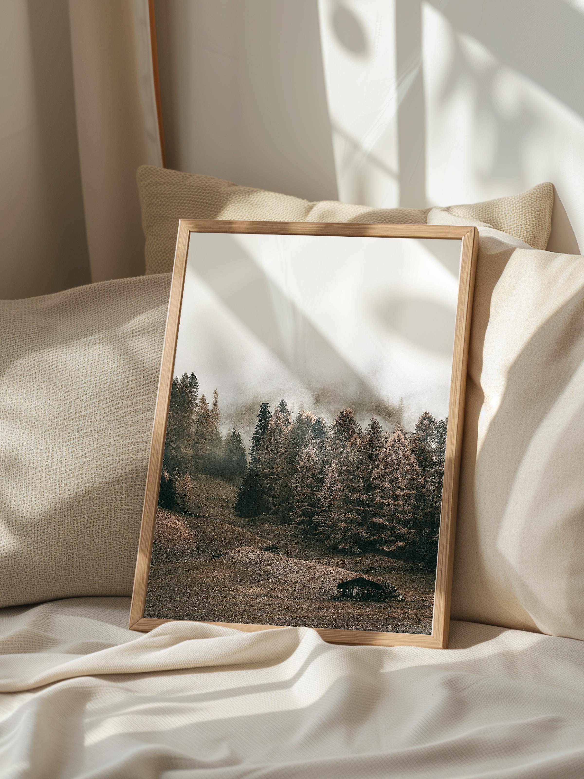 Rustic Çerçevesiz Poster, İskandinav Kahverengi Poster, NO:145 Orman ve Sis Fotoğraf, Dikey