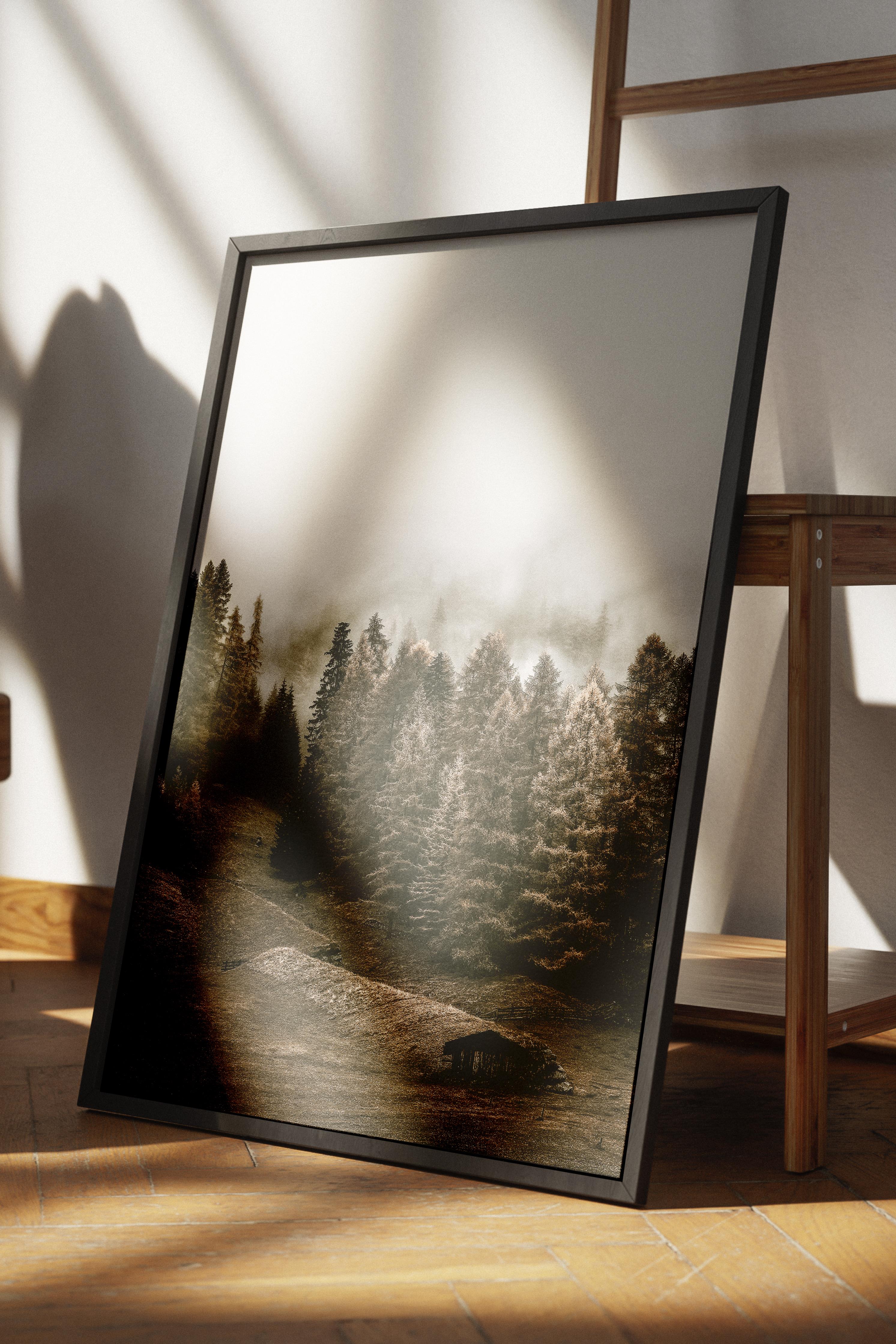 Rustic Çerçevesiz Poster, İskandinav Kahverengi Poster, NO:145 Orman ve Sis Fotoğraf, Dikey