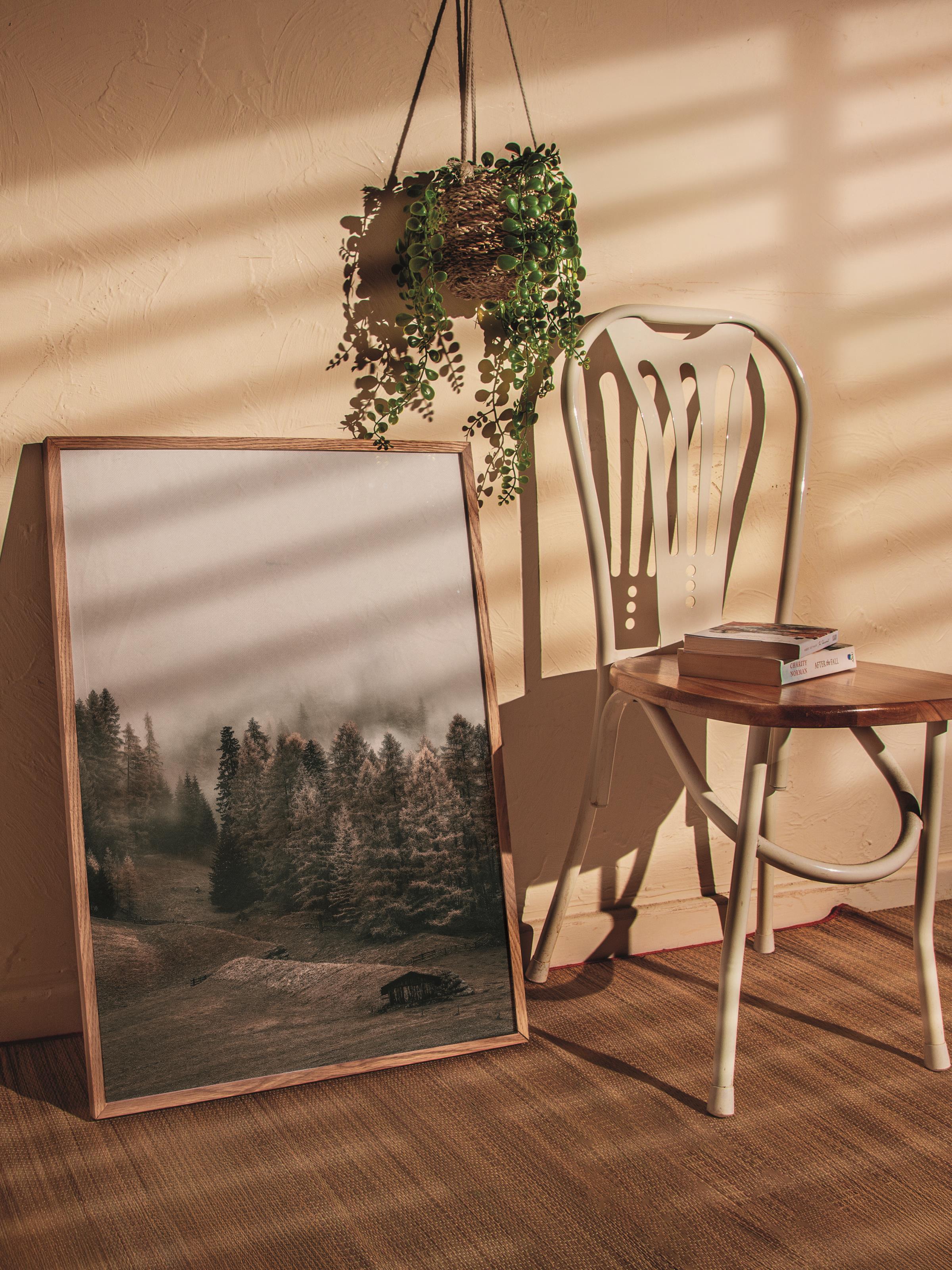 Rustic Çerçevesiz Poster, İskandinav Kahverengi Poster, NO:145 Orman ve Sis Fotoğraf, Dikey