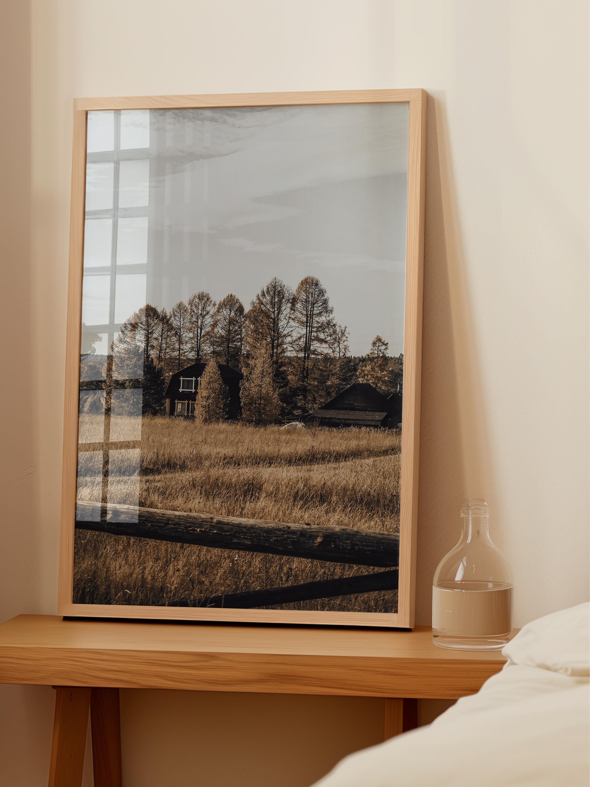 Rustic Çerçevesiz Poster, İskandinav Kahverengi Poster, NO:15 Taş Evler ve Ağaçlar Fotoğraf, Dikey