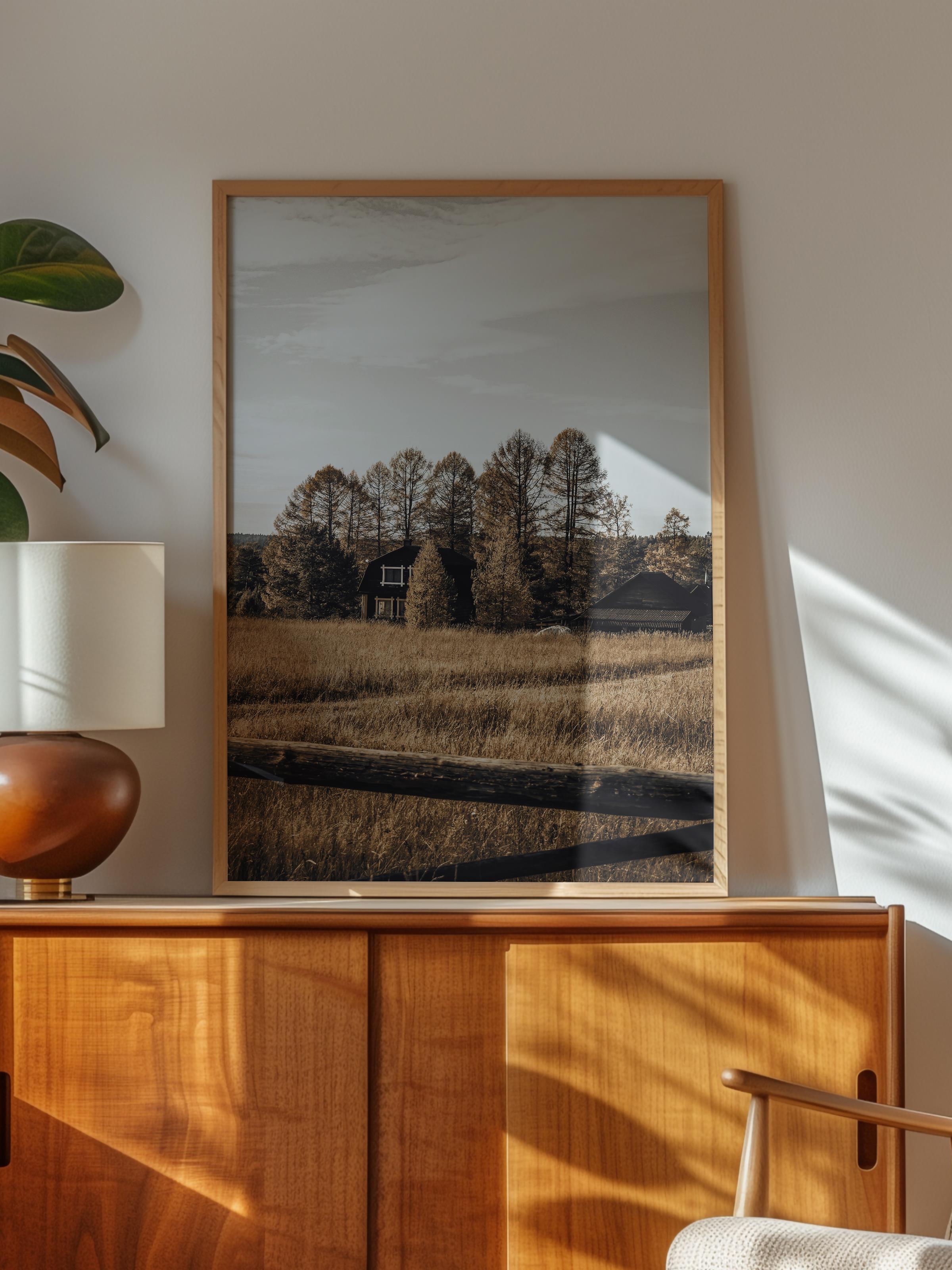 Rustic Çerçevesiz Poster, İskandinav Kahverengi Poster, NO:15 Taş Evler ve Ağaçlar Fotoğraf, Dikey