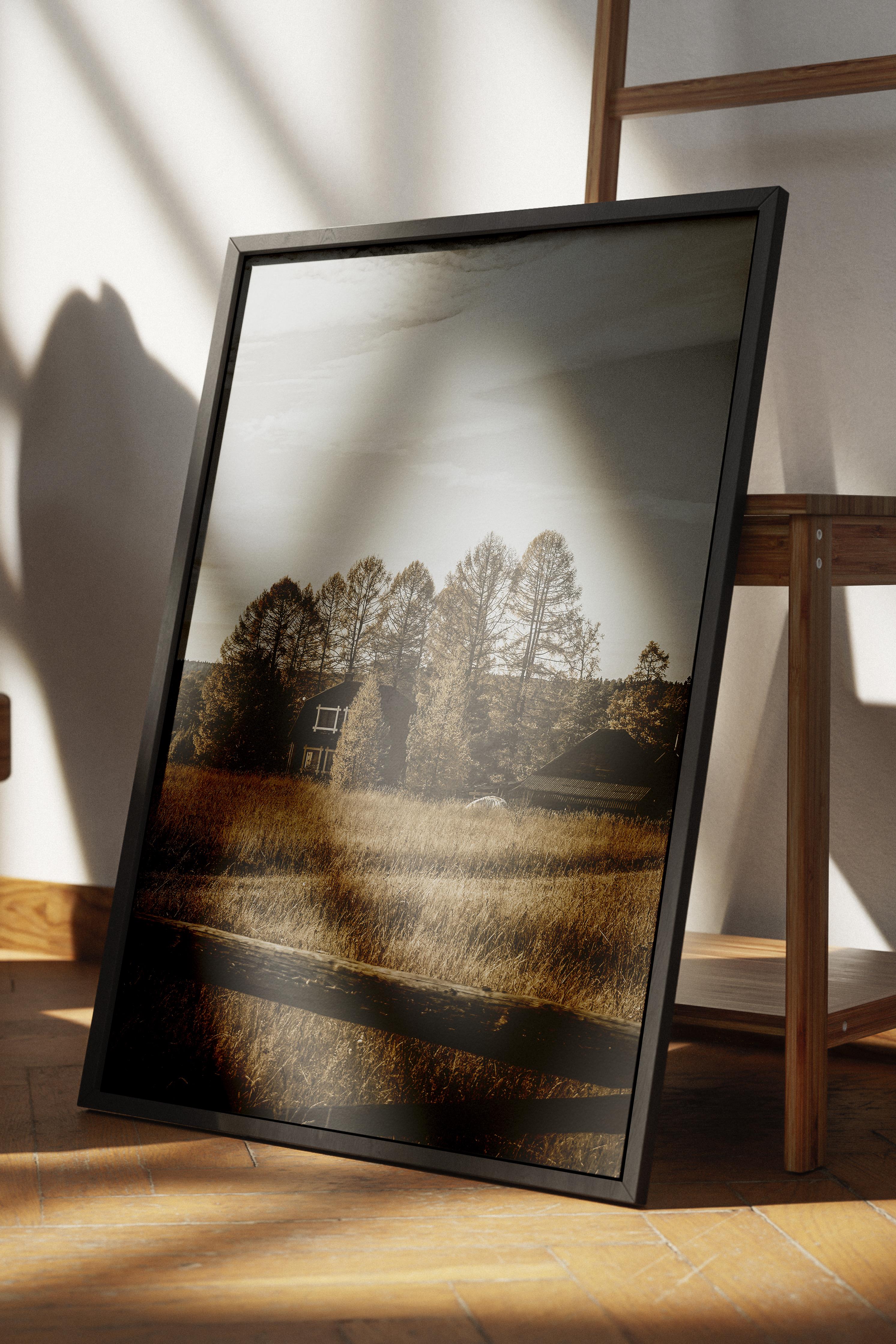 Rustic Çerçevesiz Poster, İskandinav Kahverengi Poster, NO:15 Taş Evler ve Ağaçlar Fotoğraf, Dikey