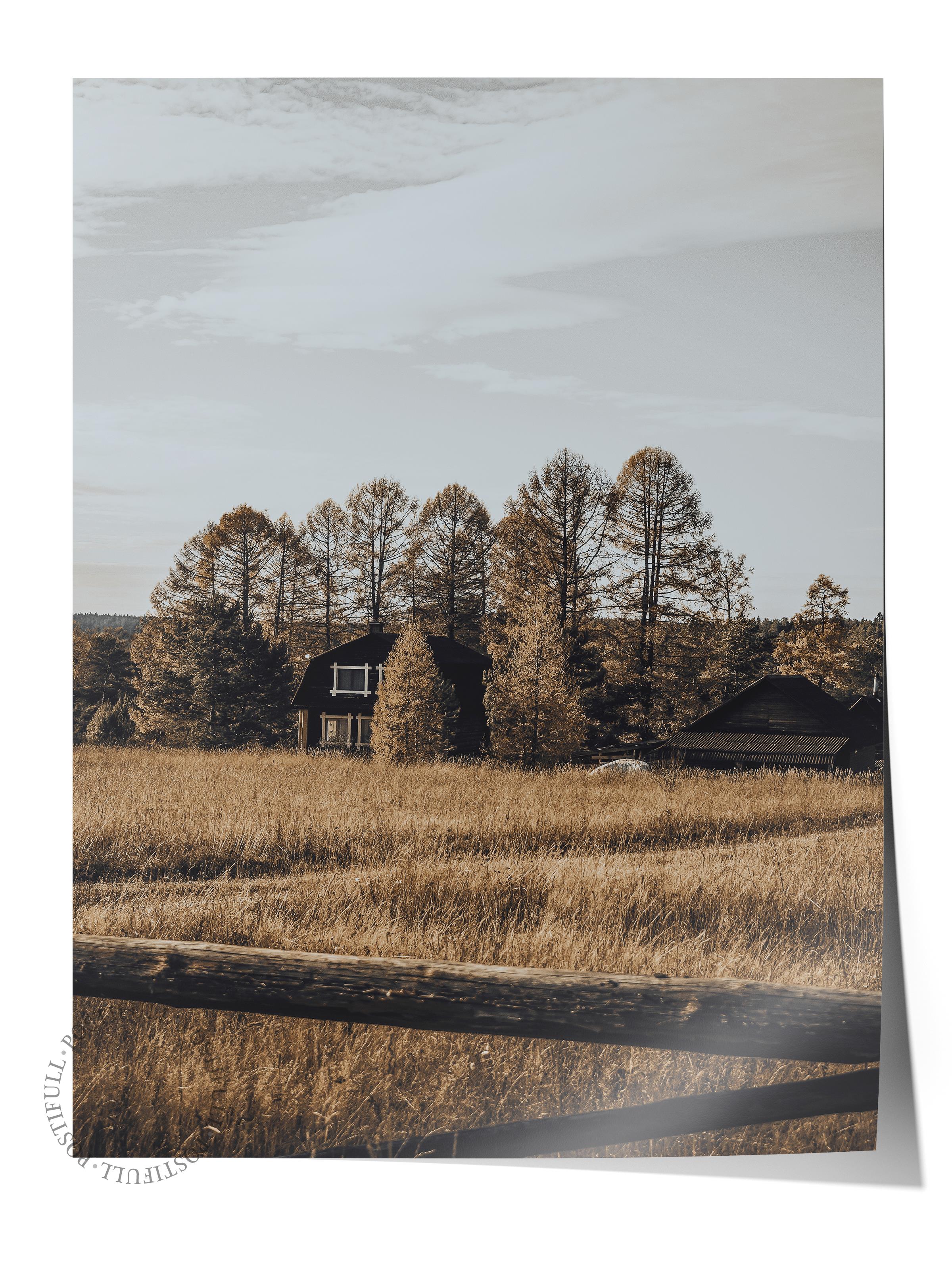 Rustic Çerçevesiz Poster, İskandinav Kahverengi Poster, NO:15 Taş Evler ve Ağaçlar Fotoğraf, Dikey