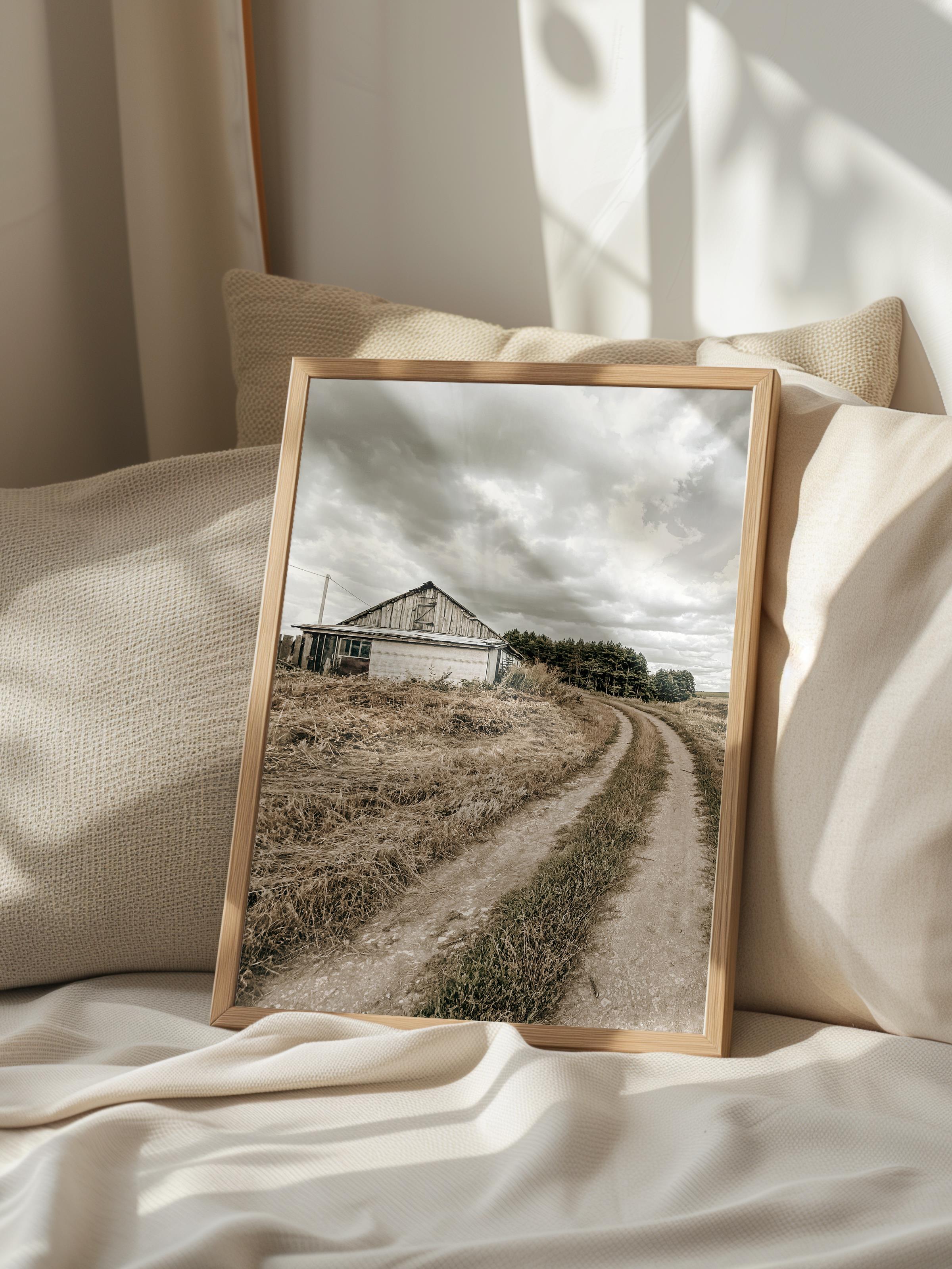 Rustic Çerçevesiz Poster, İskandinav Kahverengi Poster, NO:160 Çiftlik Evi ve Yol Fotoğraf, Dikey