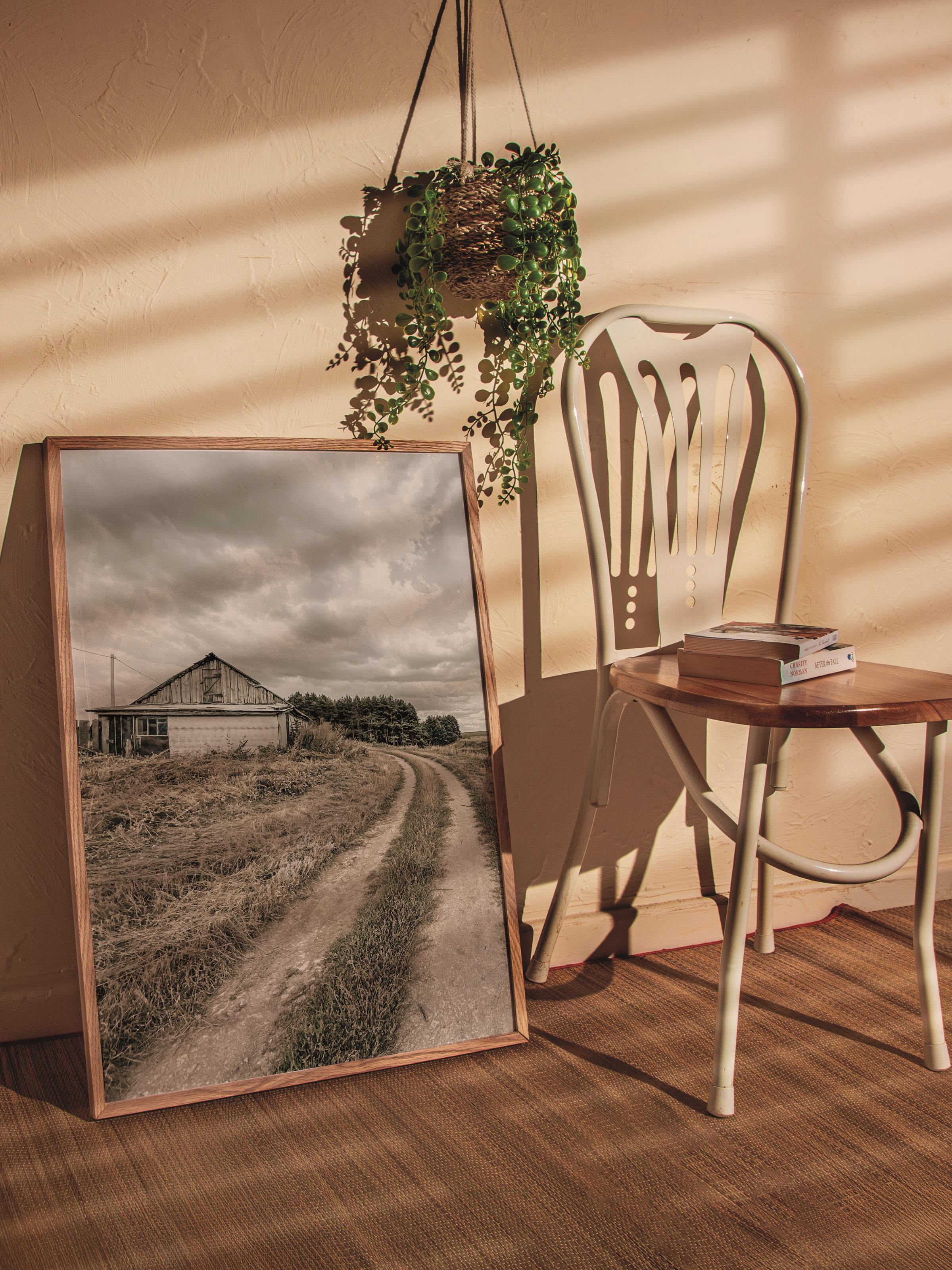 Rustic Çerçevesiz Poster, İskandinav Kahverengi Poster, NO:160 Çiftlik Evi ve Yol Fotoğraf, Dikey