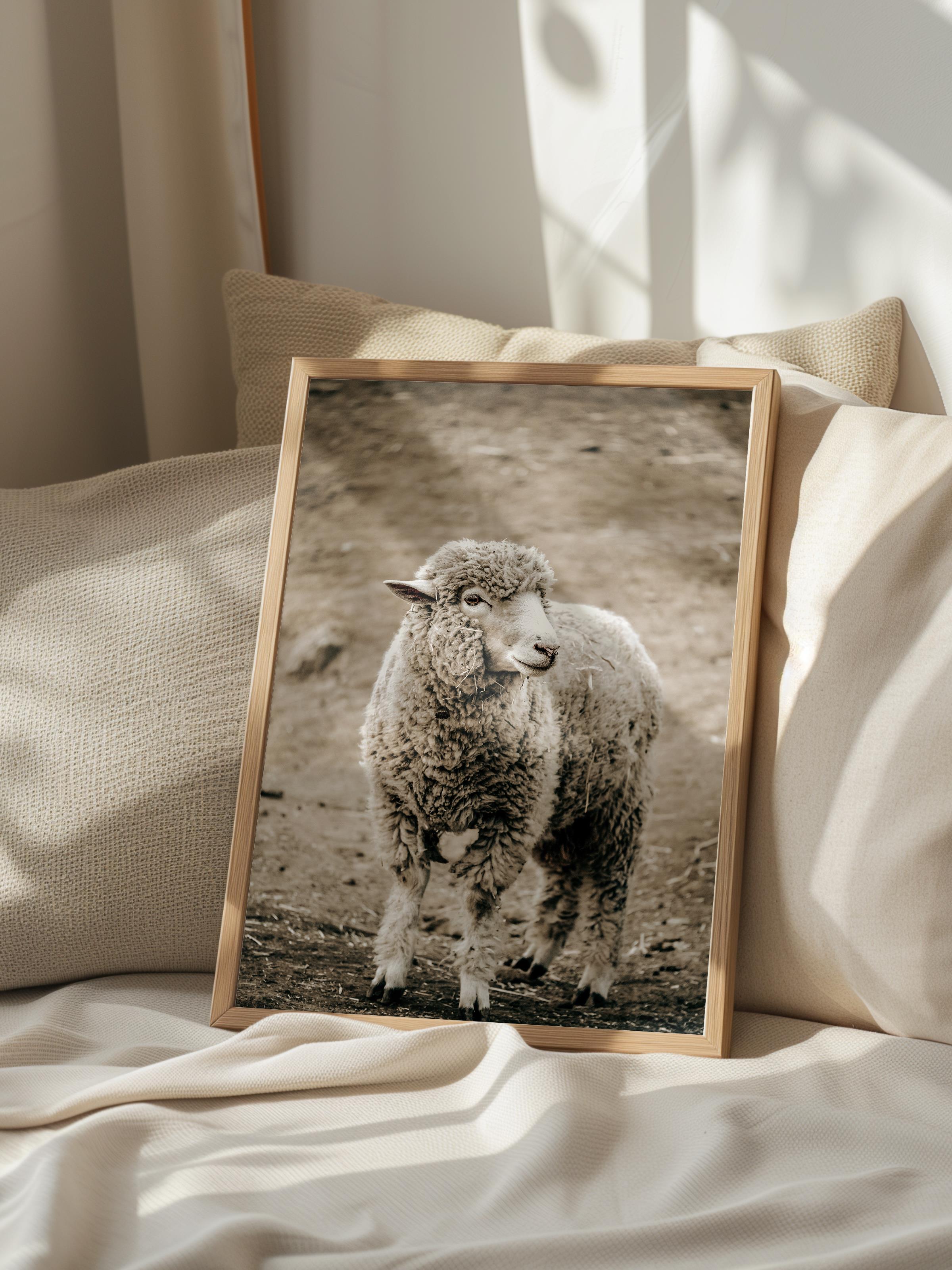 Rustic Çerçevesiz Poster, İskandinav Kahverengi Poster, NO:166 Koyun Yakın Plan Fotoğraf, Dikey