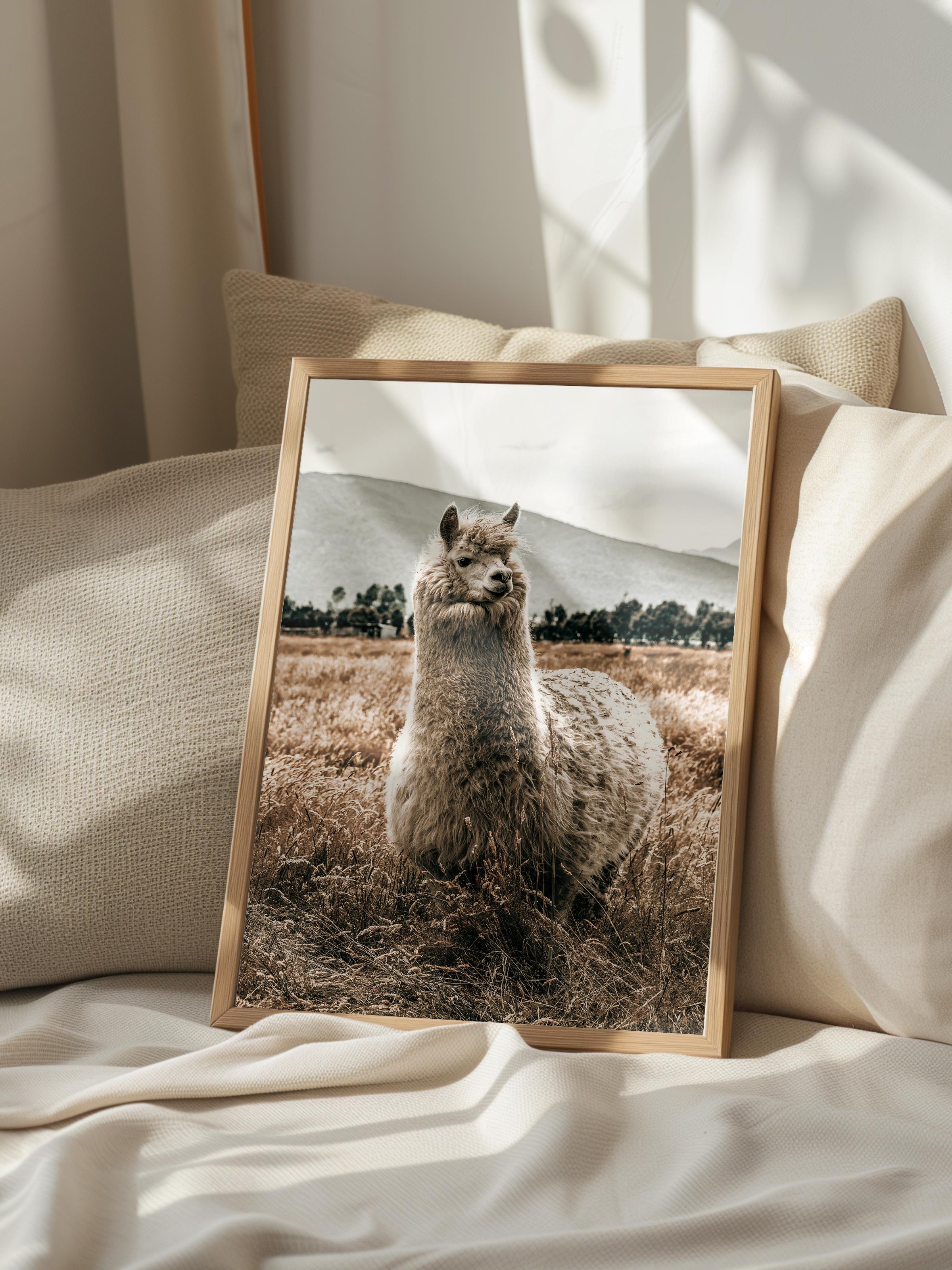 Rustic Çerçevesiz Poster, İskandinav Kahverengi Poster, NO:169 Lama Yakın Plan Fotoğraf, Dikey