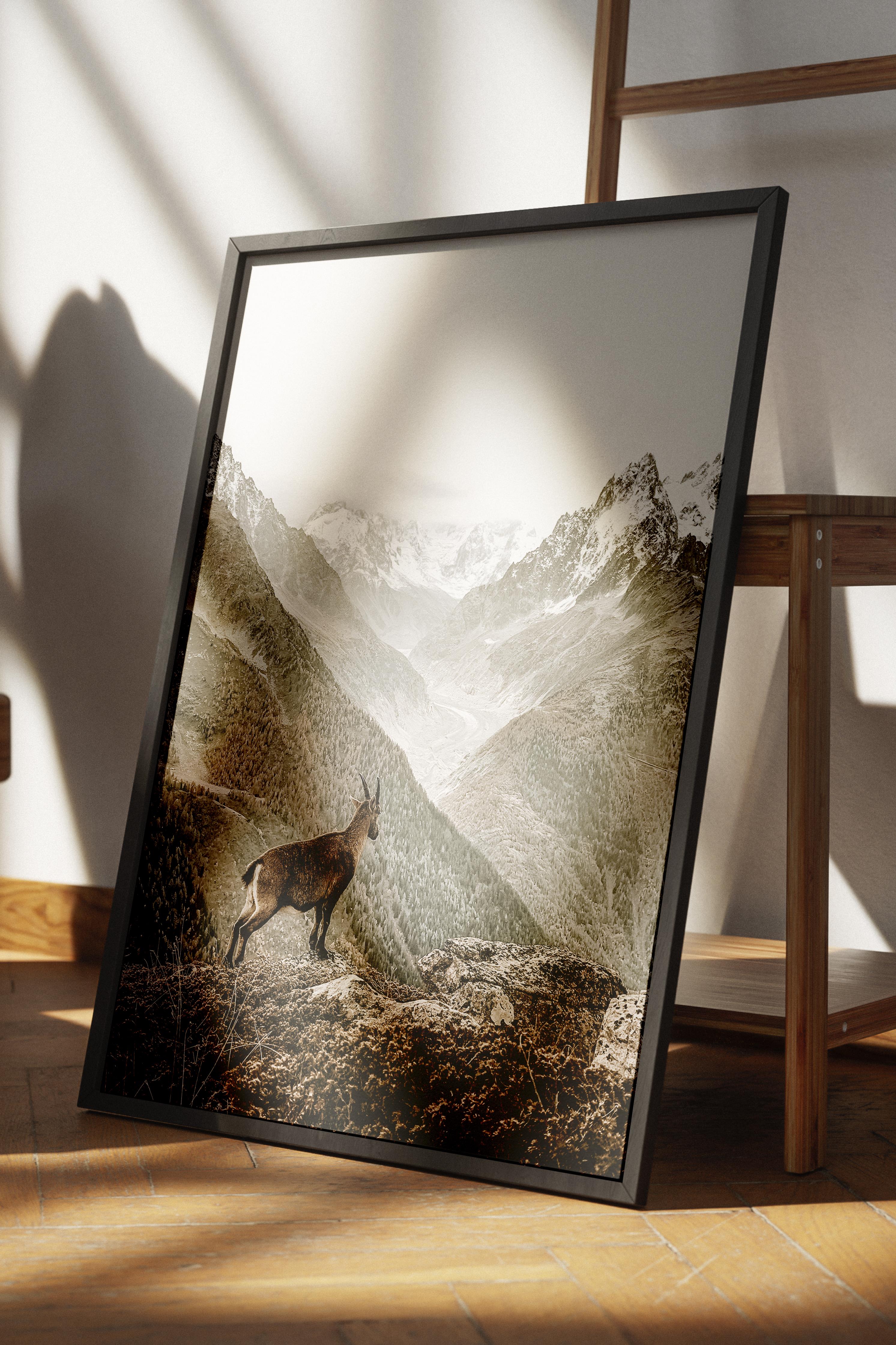 Rustic Çerçevesiz Poster, İskandinav Kahverengi Poster, NO:171 Dağ ve Keçi Fotoğraf, Dikey