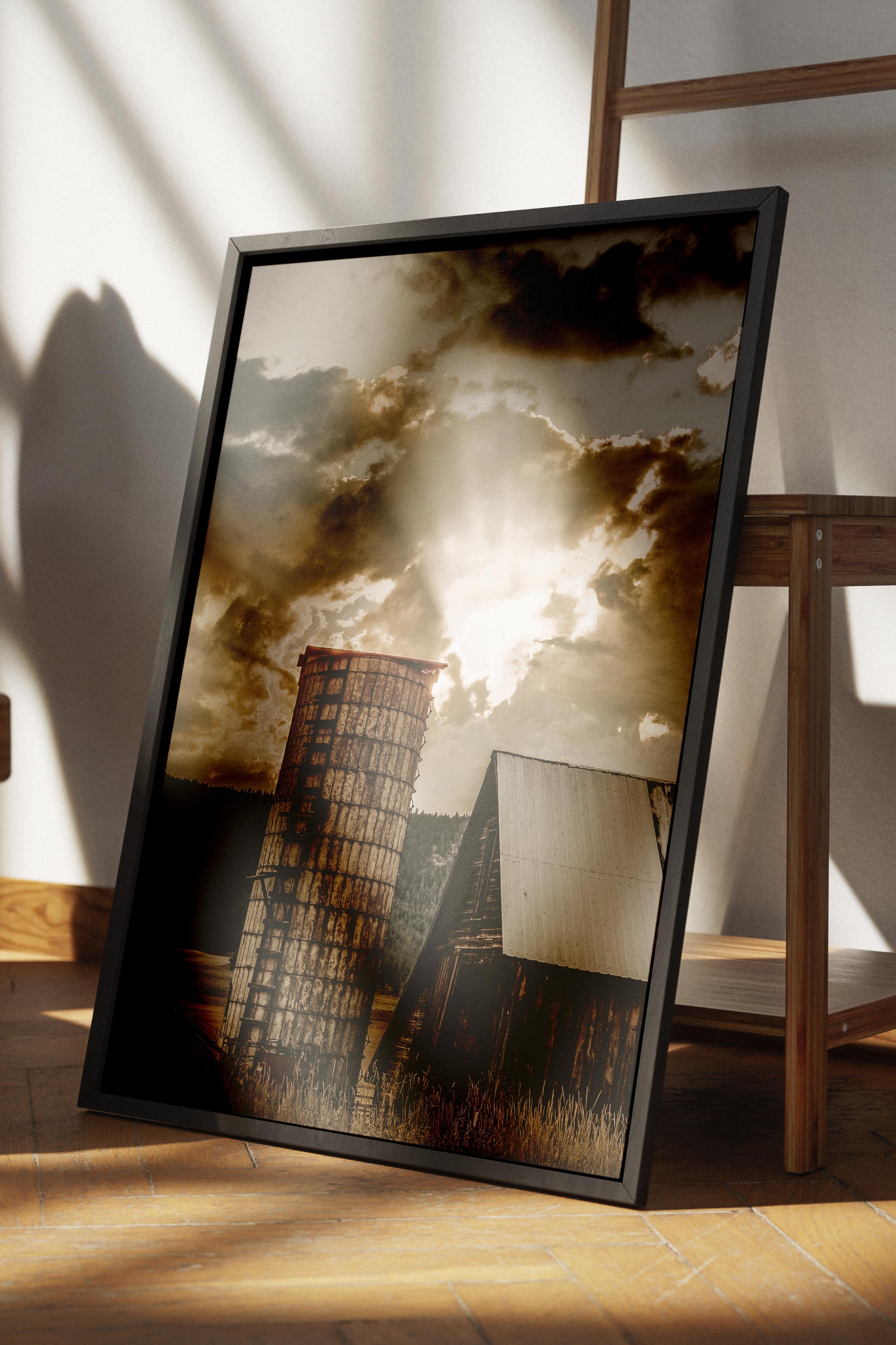 Rustic Çerçevesiz Poster, İskandinav Kahverengi Poster, NO:172 Ahır ve Gün Batımı Fotoğraf, Dikey