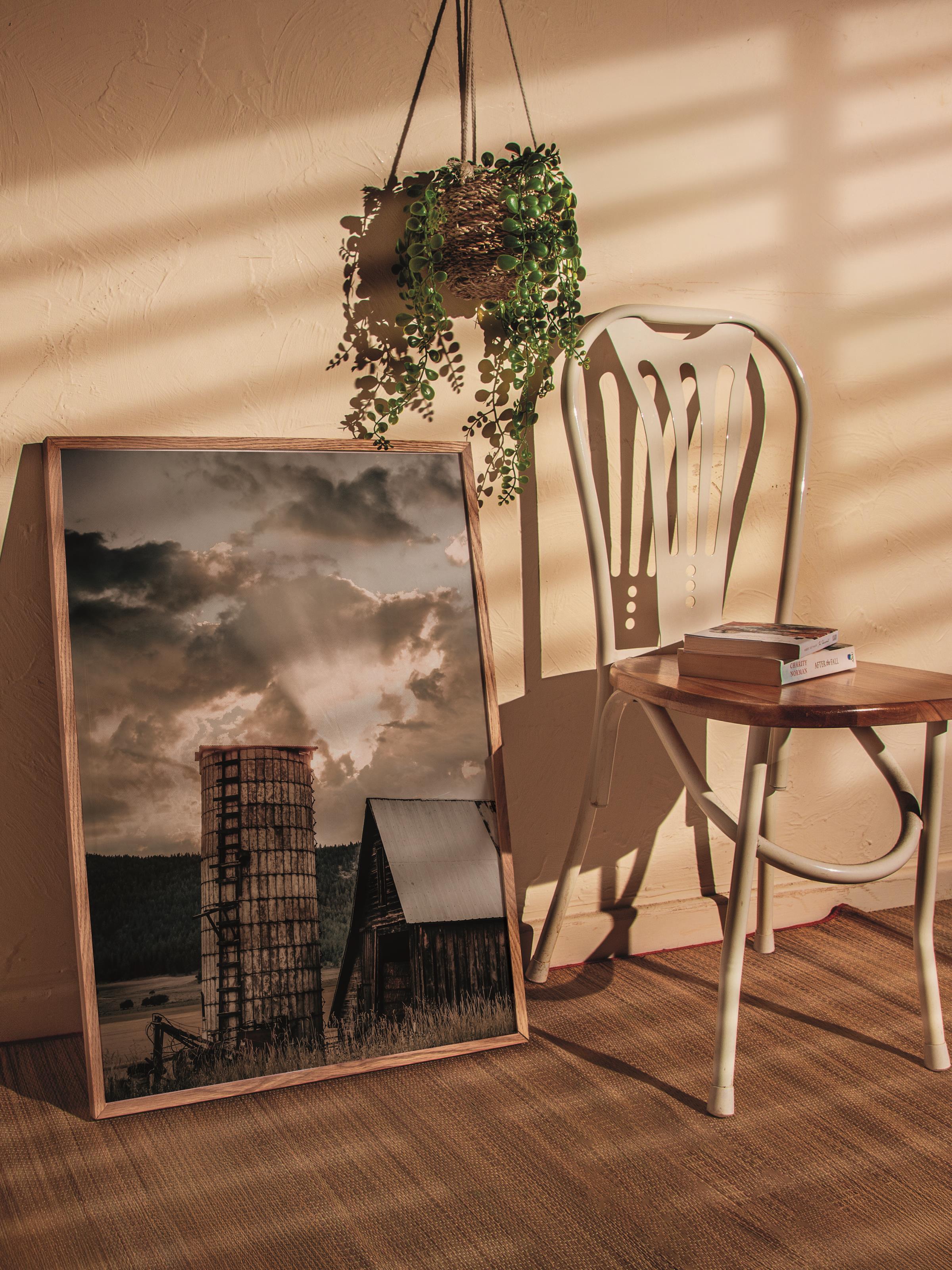 Rustic Çerçevesiz Poster, İskandinav Kahverengi Poster, NO:172 Ahır ve Gün Batımı Fotoğraf, Dikey