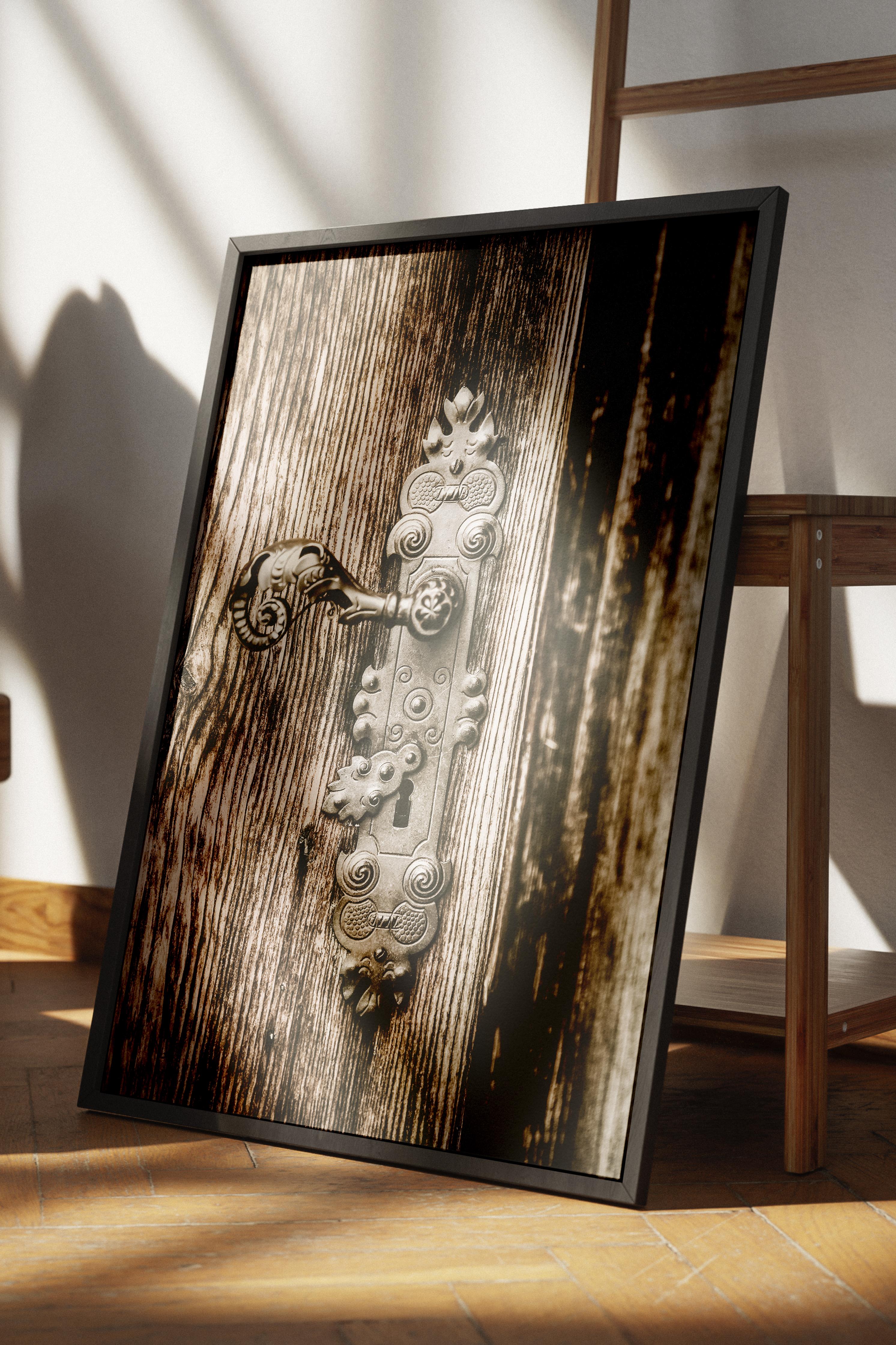 Rustic Çerçevesiz Poster, İskandinav Kahverengi Poster, NO:181 Eski Kapı Tokmağı Fotoğraf, Dikey