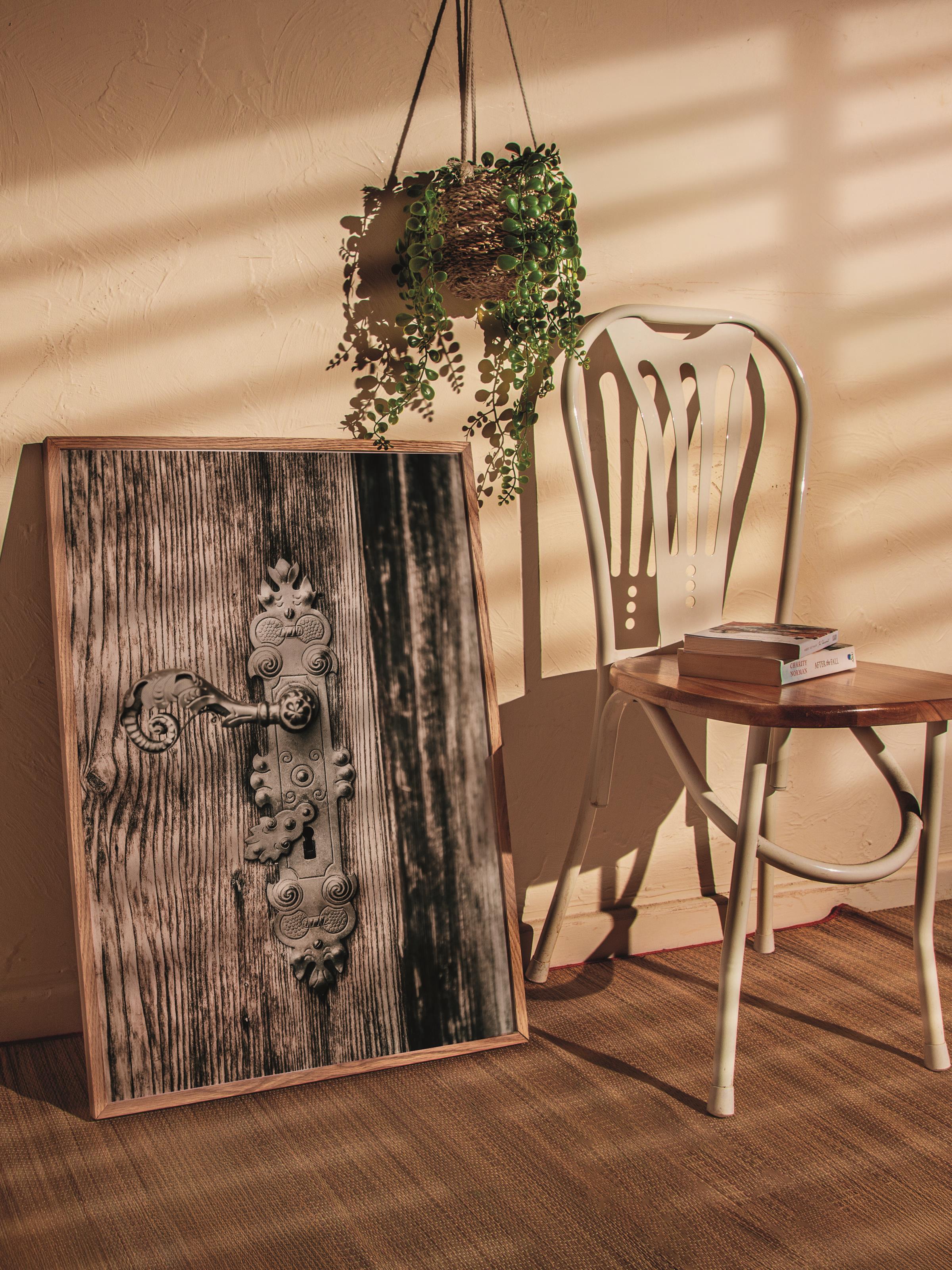 Rustic Çerçevesiz Poster, İskandinav Kahverengi Poster, NO:181 Eski Kapı Tokmağı Fotoğraf, Dikey