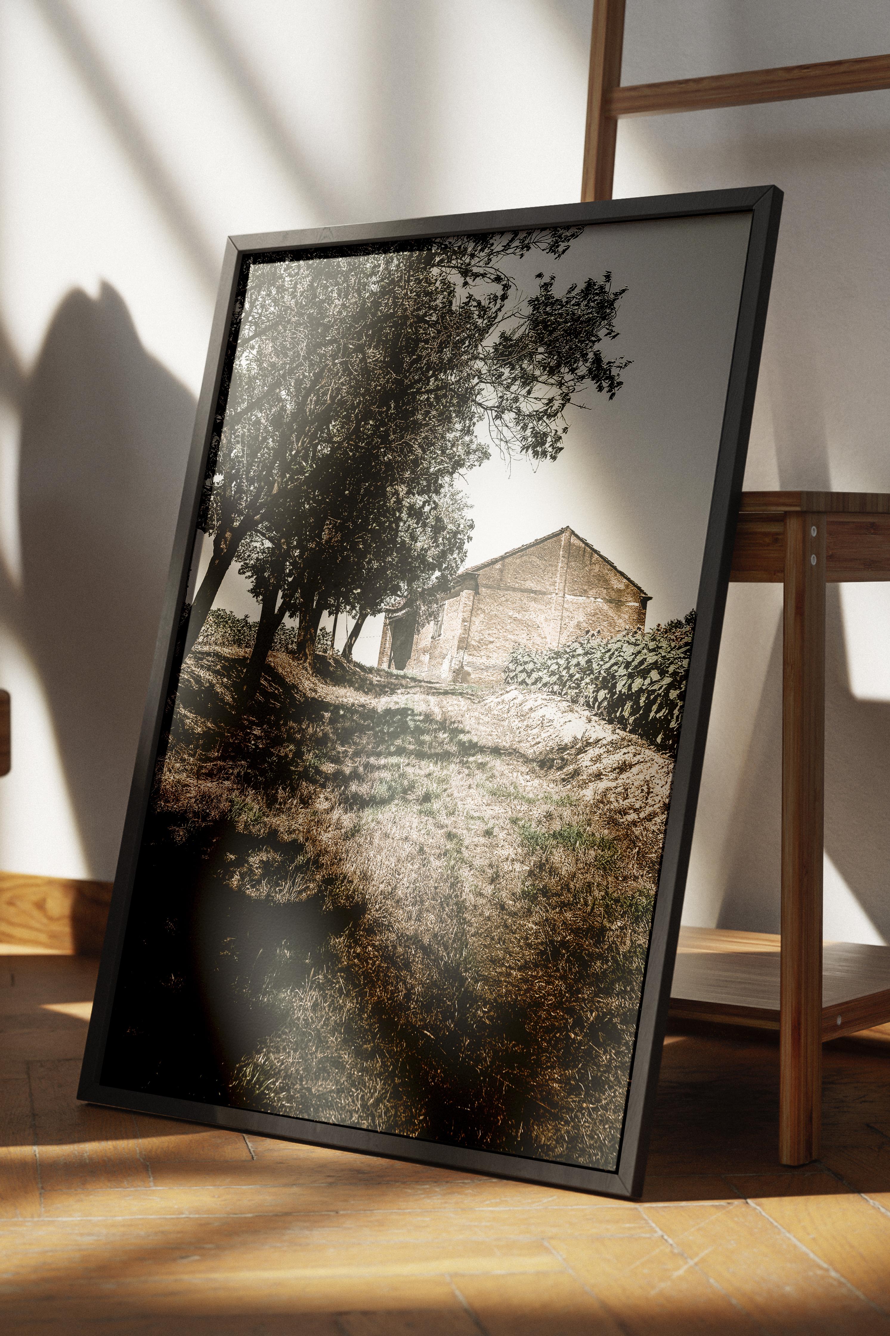 Rustic Çerçevesiz Poster, İskandinav Kahverengi Poster, NO:182 Ağaç Altında Ev Fotoğraf, Dikey