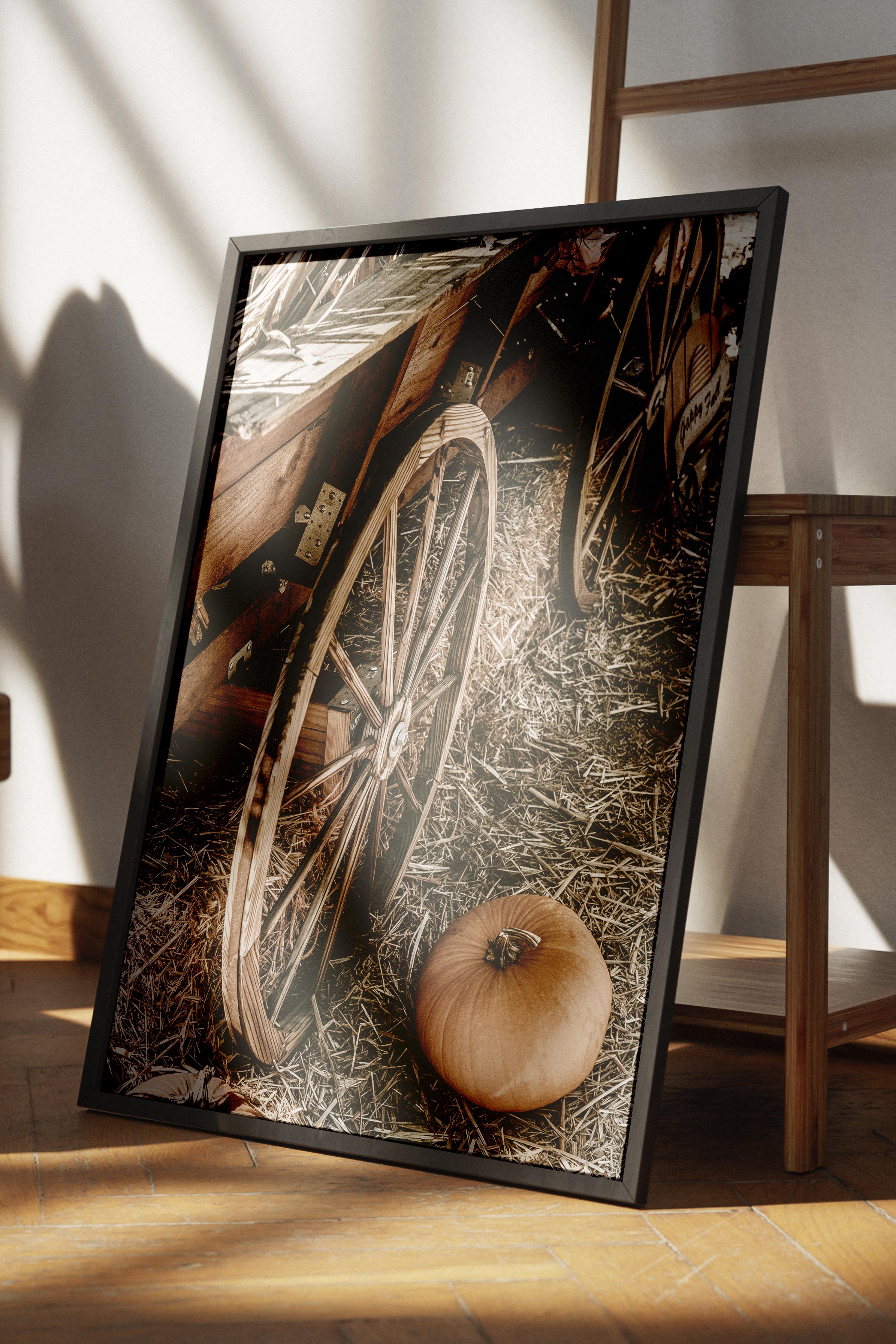 Rustic Çerçevesiz Poster, İskandinav Kahverengi Poster, NO:185 Ahşap Tekerlekler ve Sepet Fotoğraf