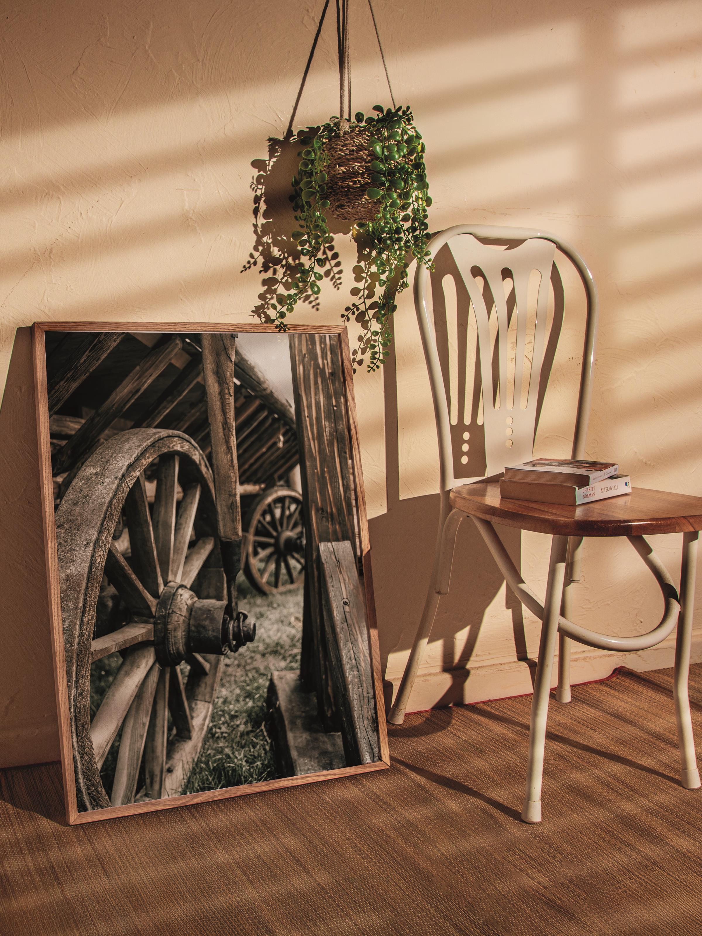 Rustic Çerçevesiz Poster, İskandinav Kahverengi Poster, NO:188 Ahşap Tekerlek Yakın Plan Fotoğraf