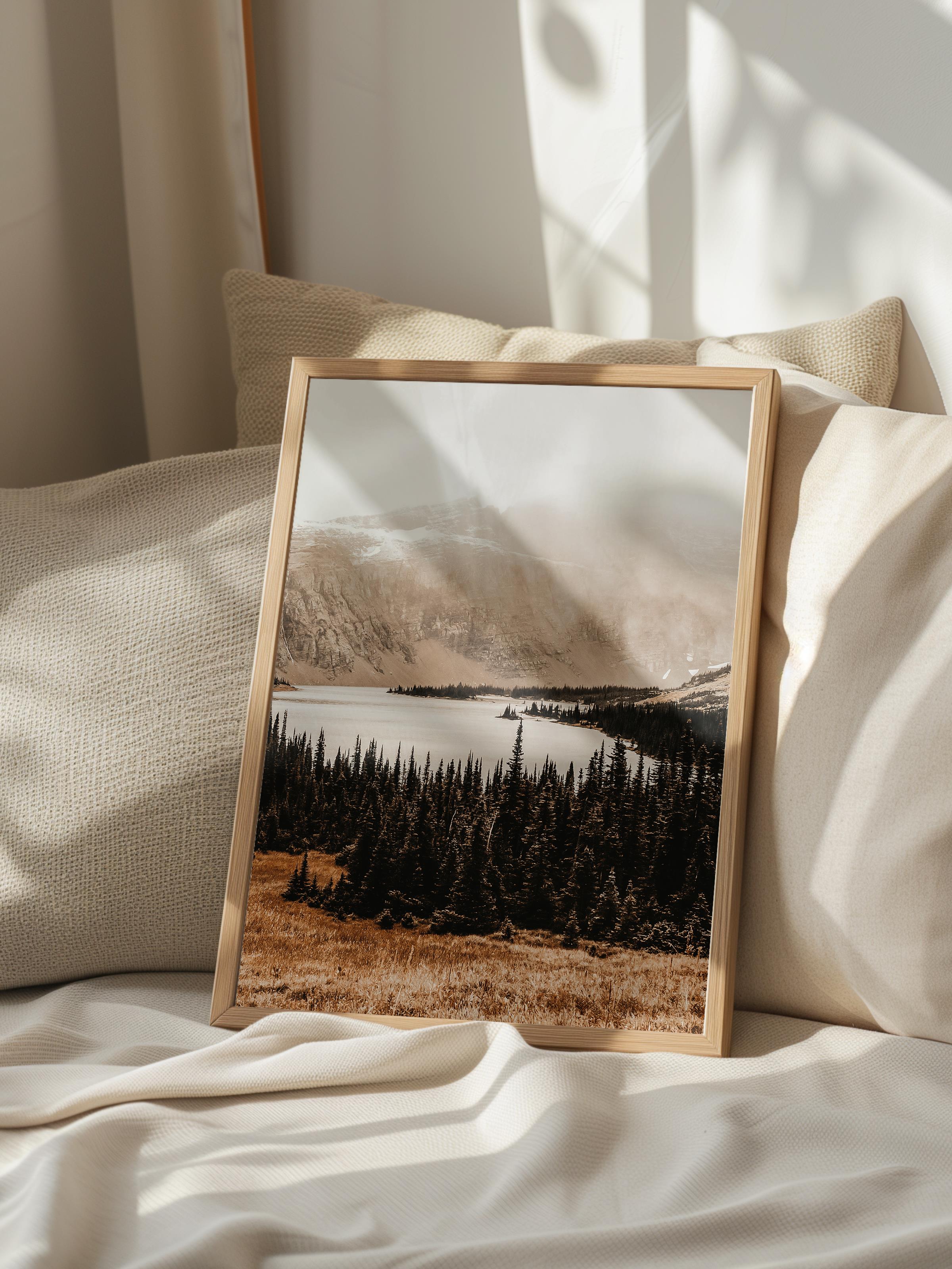 Rustic Çerçevesiz Poster, İskandinav Kahverengi Poster, NO:19 Dağ Manzarası ve Göl Fotoğraf, Dikey