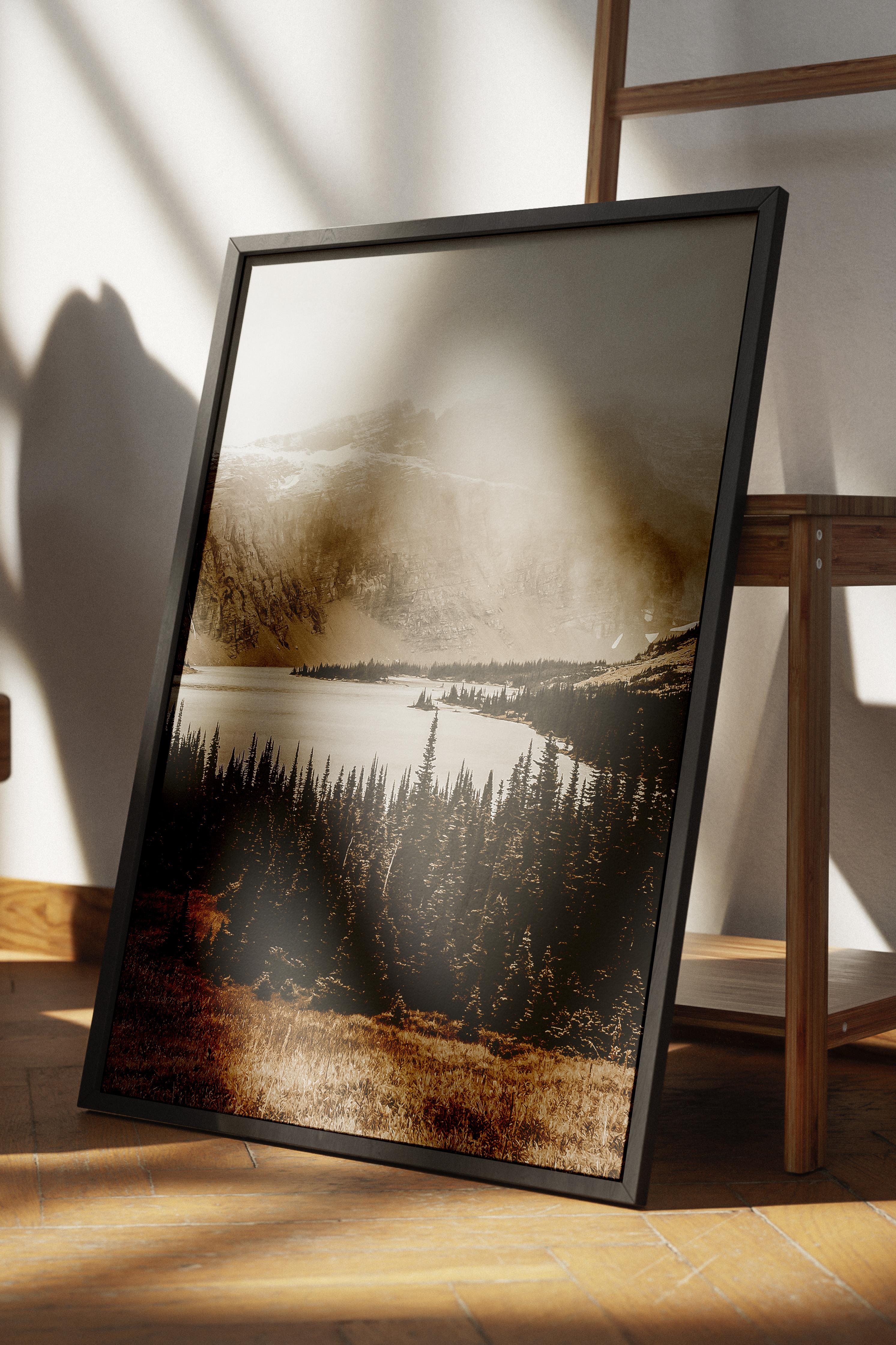 Rustic Çerçevesiz Poster, İskandinav Kahverengi Poster, NO:19 Dağ Manzarası ve Göl Fotoğraf, Dikey
