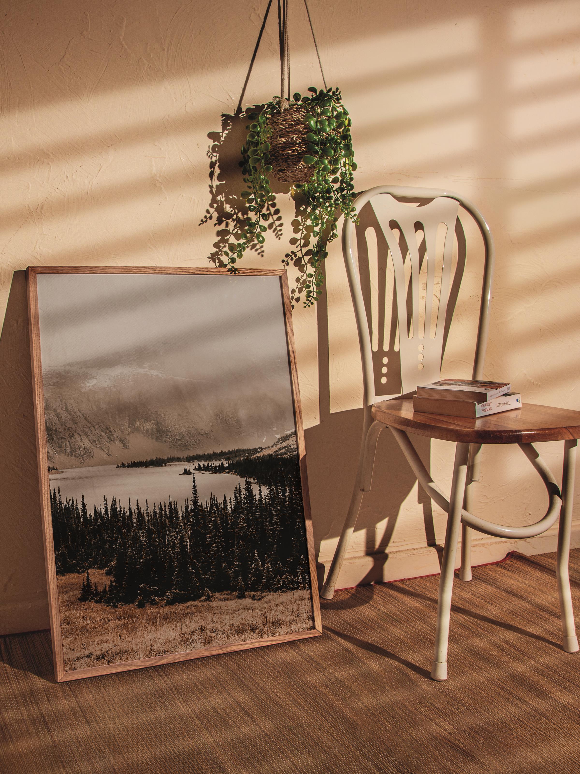 Rustic Çerçevesiz Poster, İskandinav Kahverengi Poster, NO:19 Dağ Manzarası ve Göl Fotoğraf, Dikey