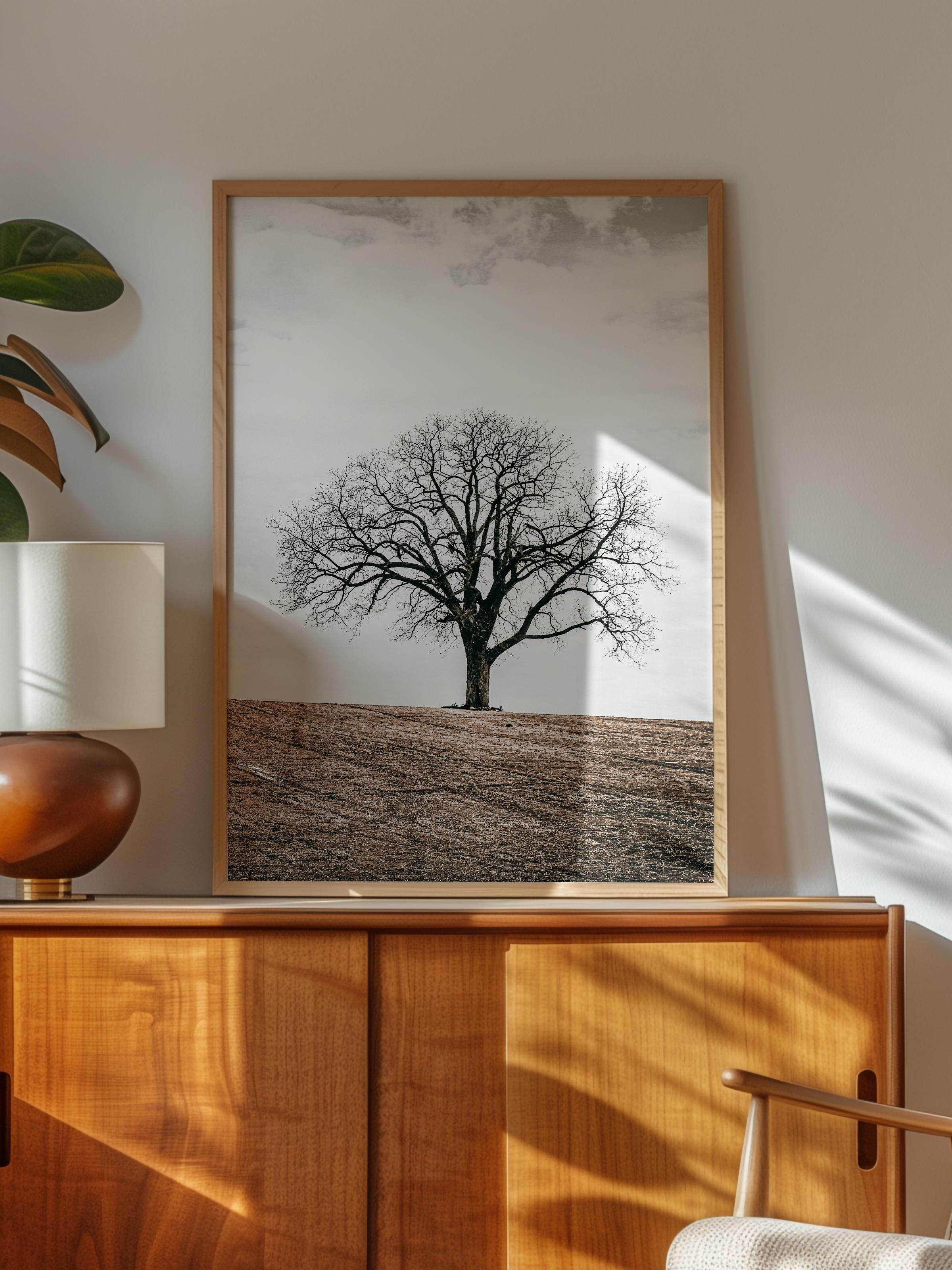Rustic Çerçevesiz Poster, İskandinav Kahverengi Poster, NO:191 Tek Ağaç Fotoğraf, Dikey