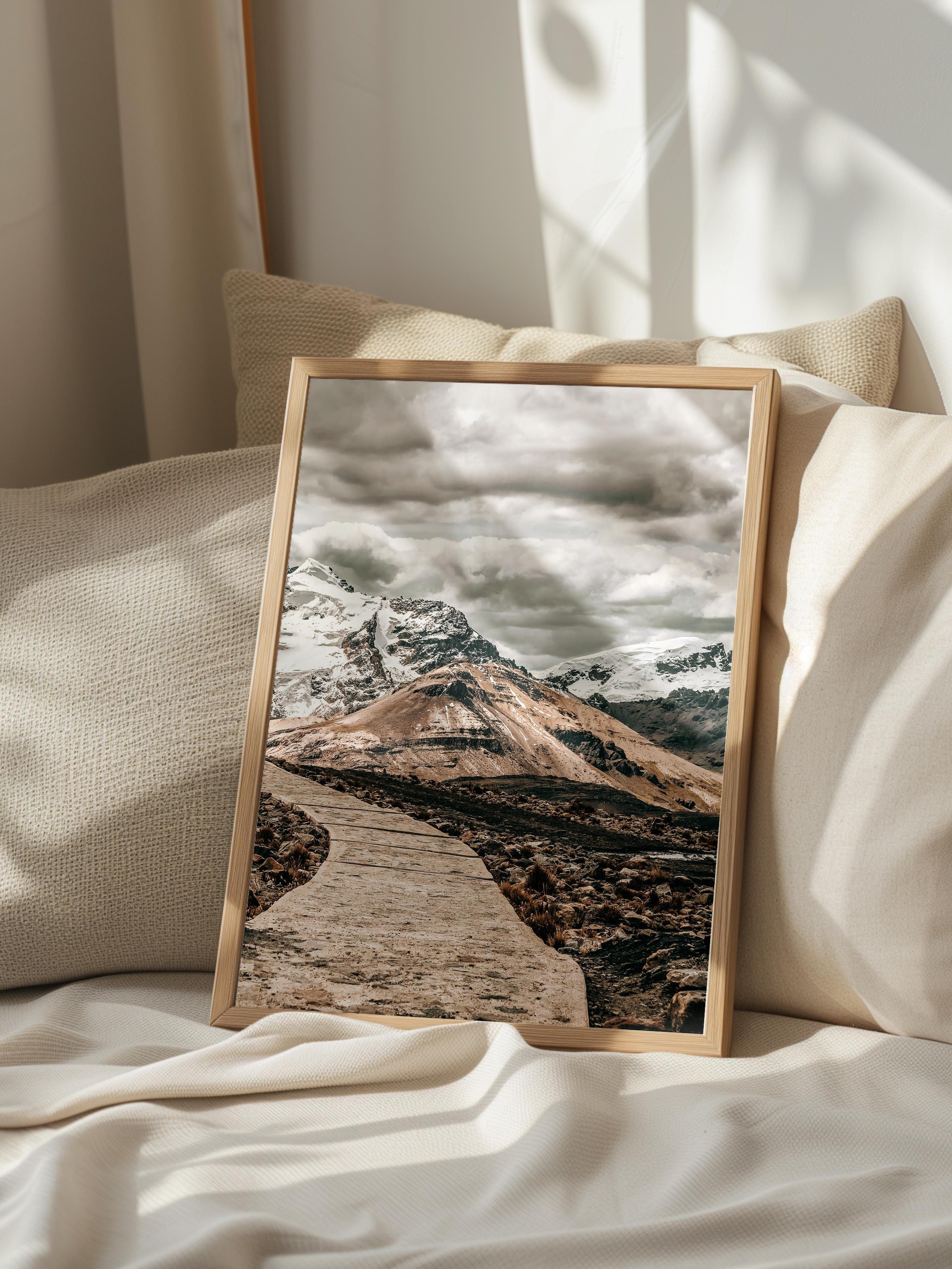 Rustic Çerçevesiz Poster, İskandinav Kahverengi Poster, NO:200 Karlı Dağ Manzarası Fotoğraf, Dikey