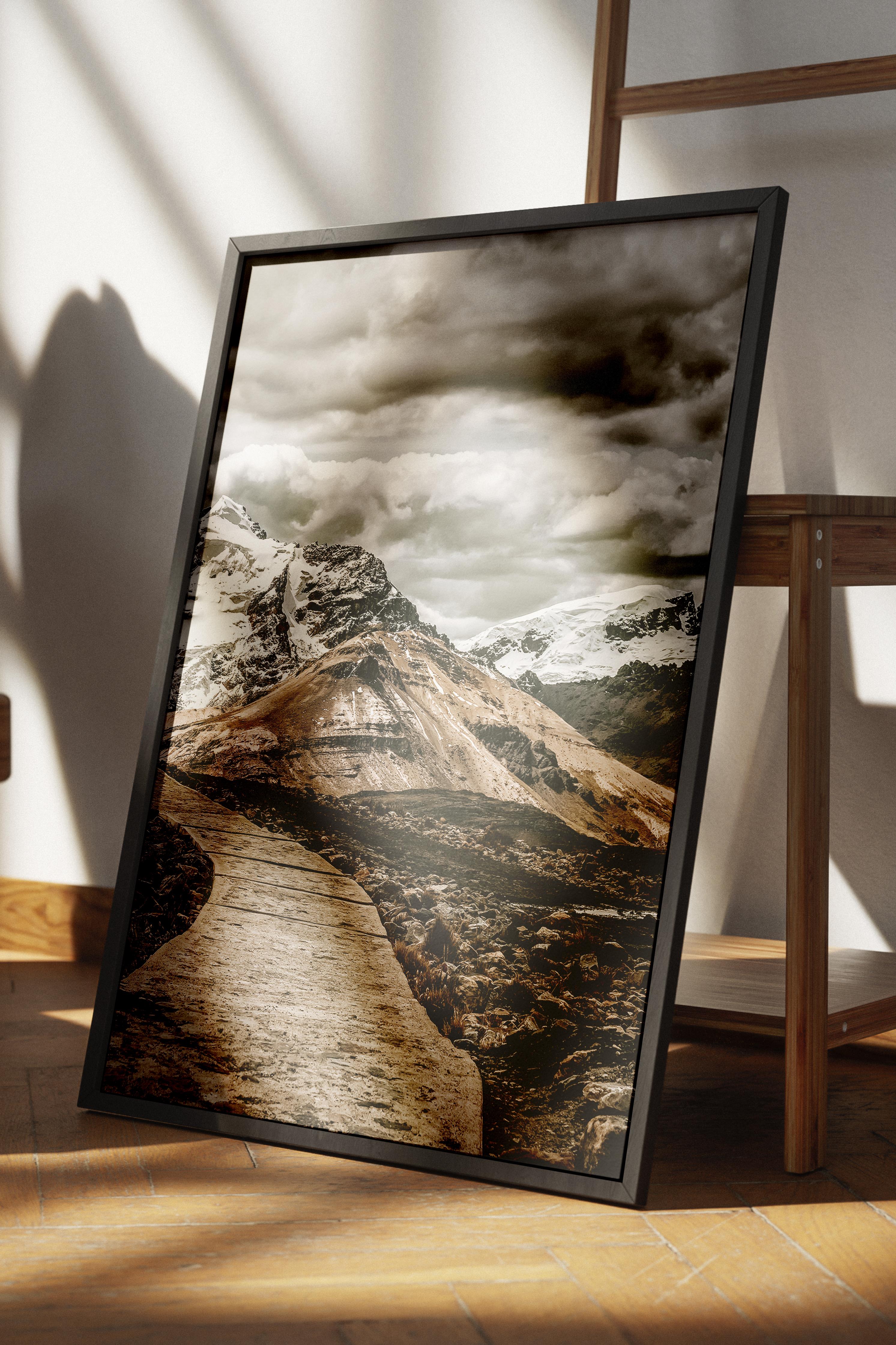 Rustic Çerçevesiz Poster, İskandinav Kahverengi Poster, NO:200 Karlı Dağ Manzarası Fotoğraf, Dikey