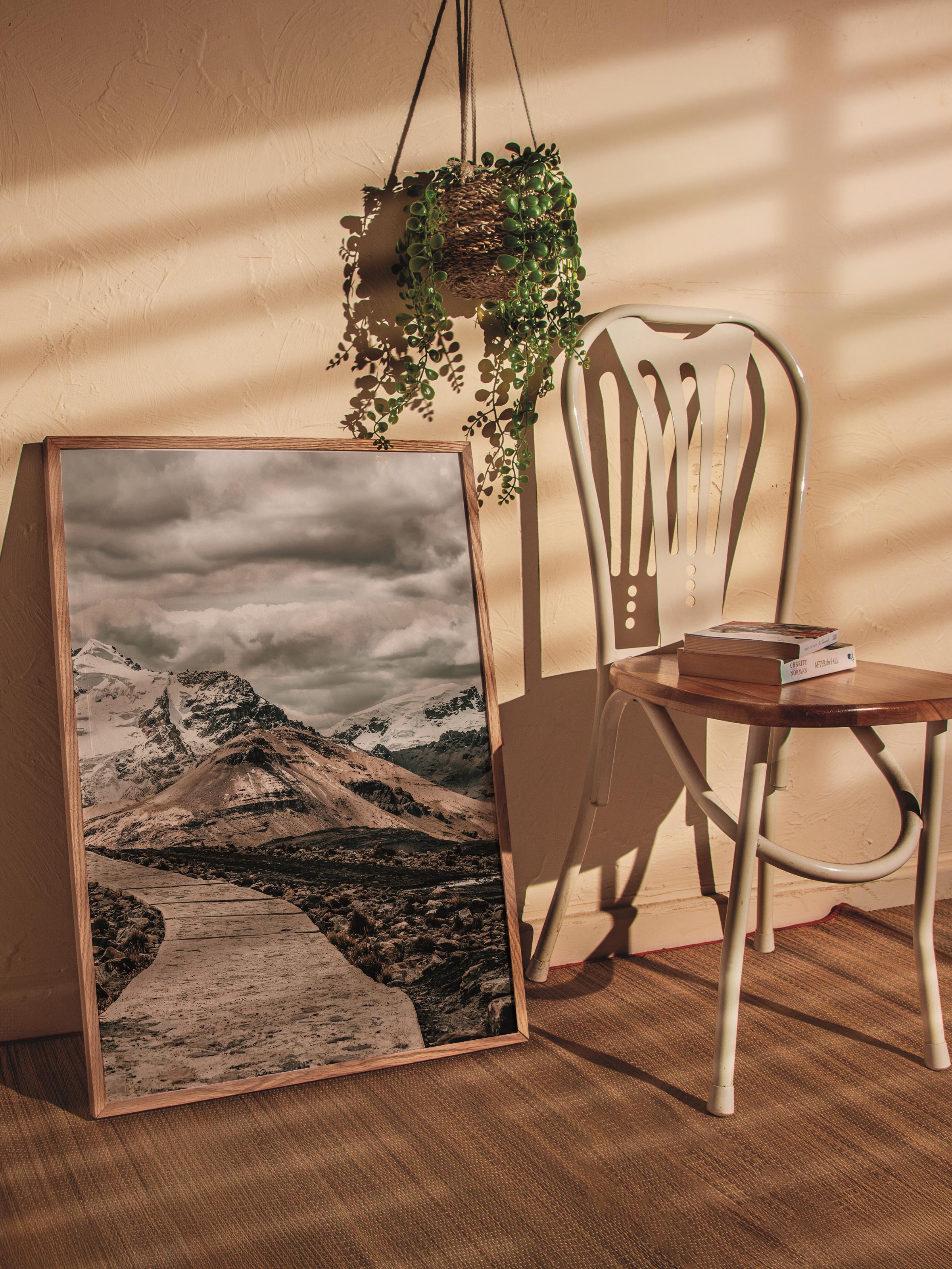 Rustic Çerçevesiz Poster, İskandinav Kahverengi Poster, NO:200 Karlı Dağ Manzarası Fotoğraf, Dikey