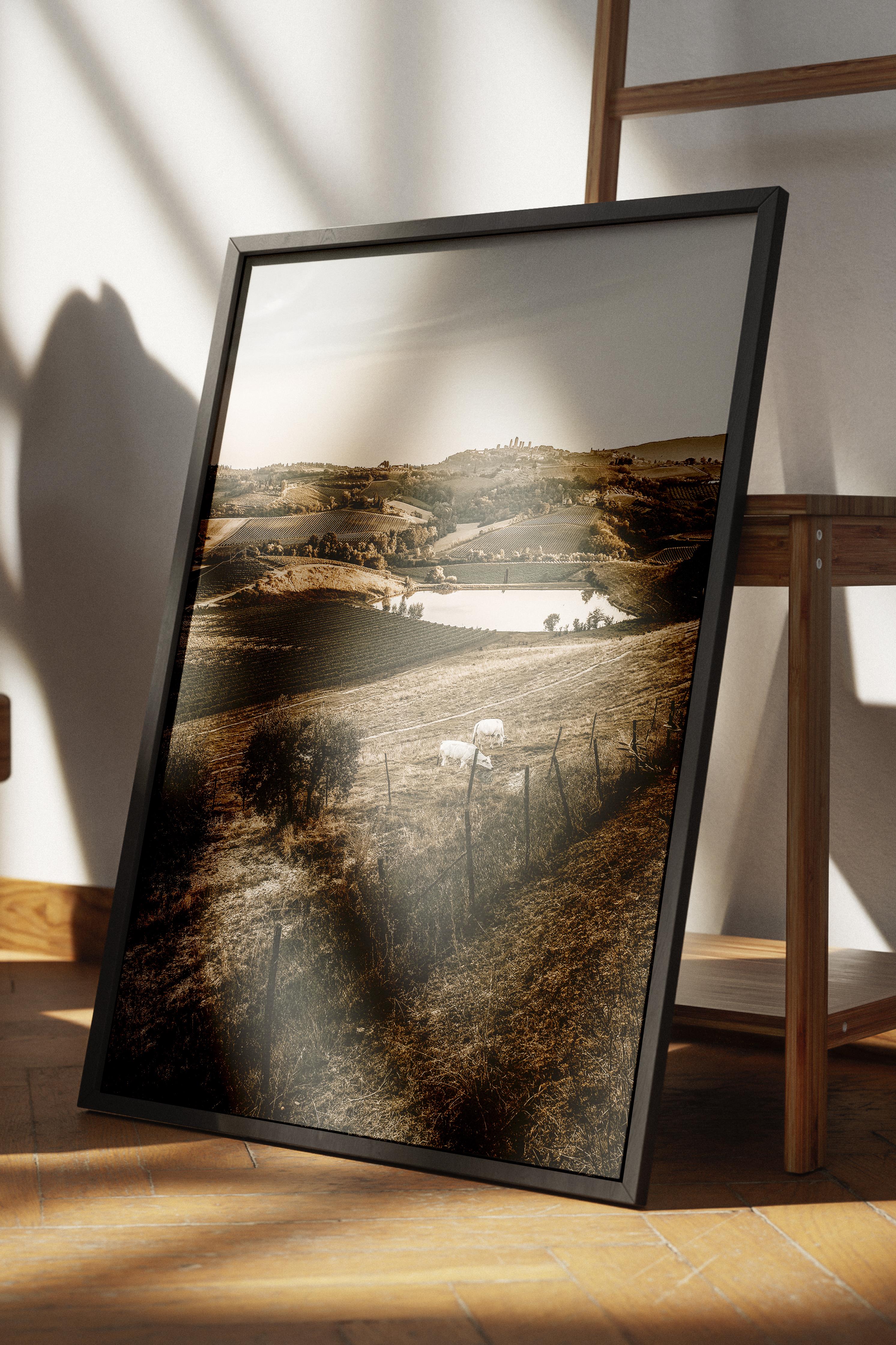 Rustic Çerçevesiz Poster, İskandinav Kahverengi Poster, NO:216 Tarlada Ev ve Dağ Manzarası Fotoğraf