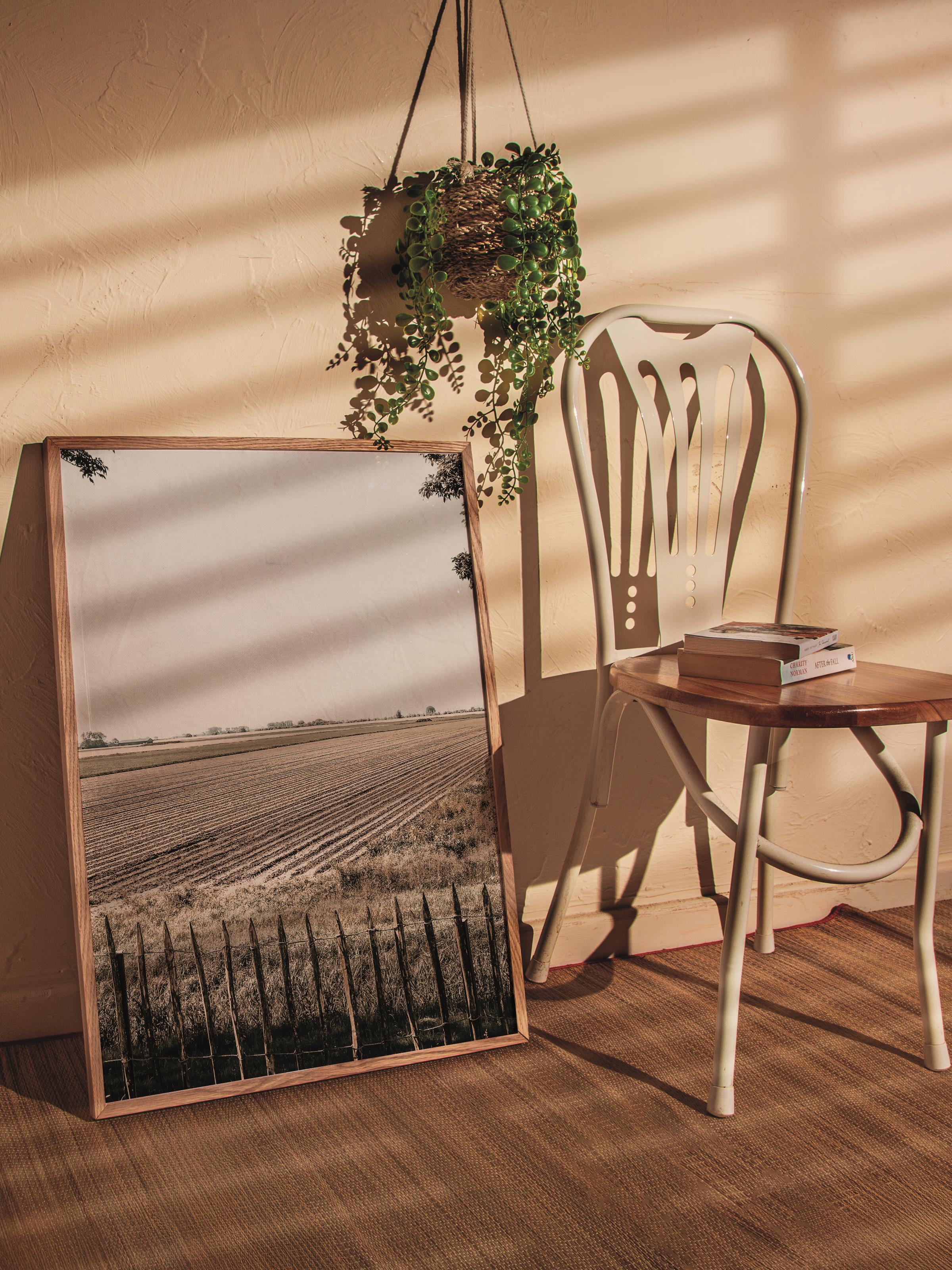 Rustic Çerçevesiz Poster, İskandinav Kahverengi Poster, NO:220 Çit ve Tarla Fotoğraf, Dikey