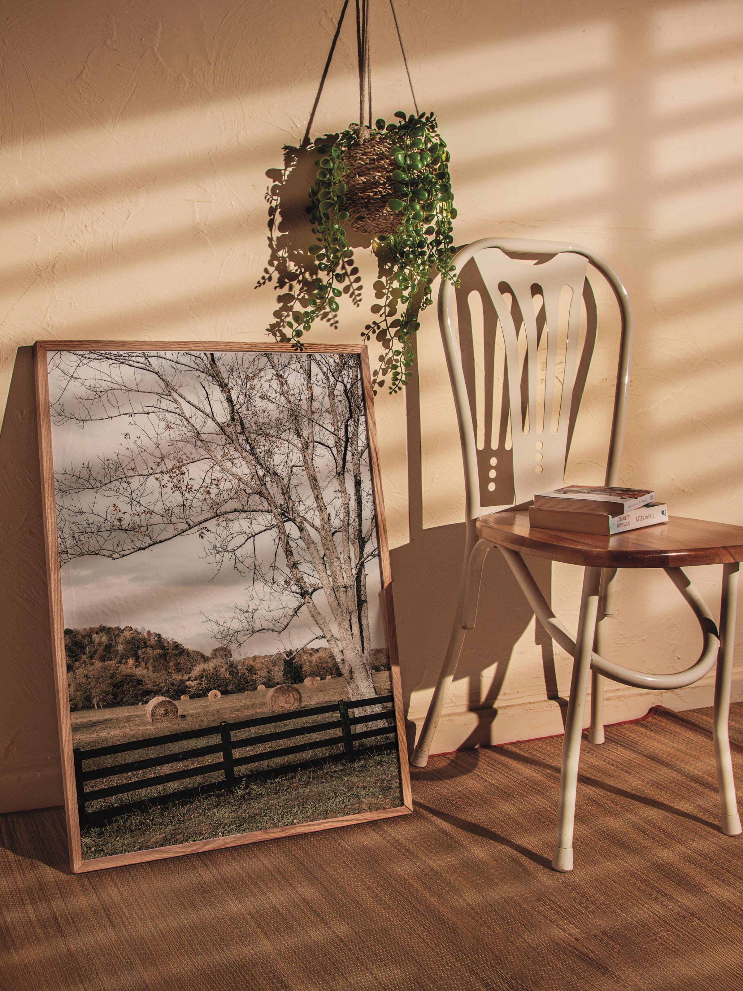 Rustic Çerçevesiz Poster, İskandinav Kahverengi Poster, NO:221 Çit ve Ağaç Fotoğraf, Dikey