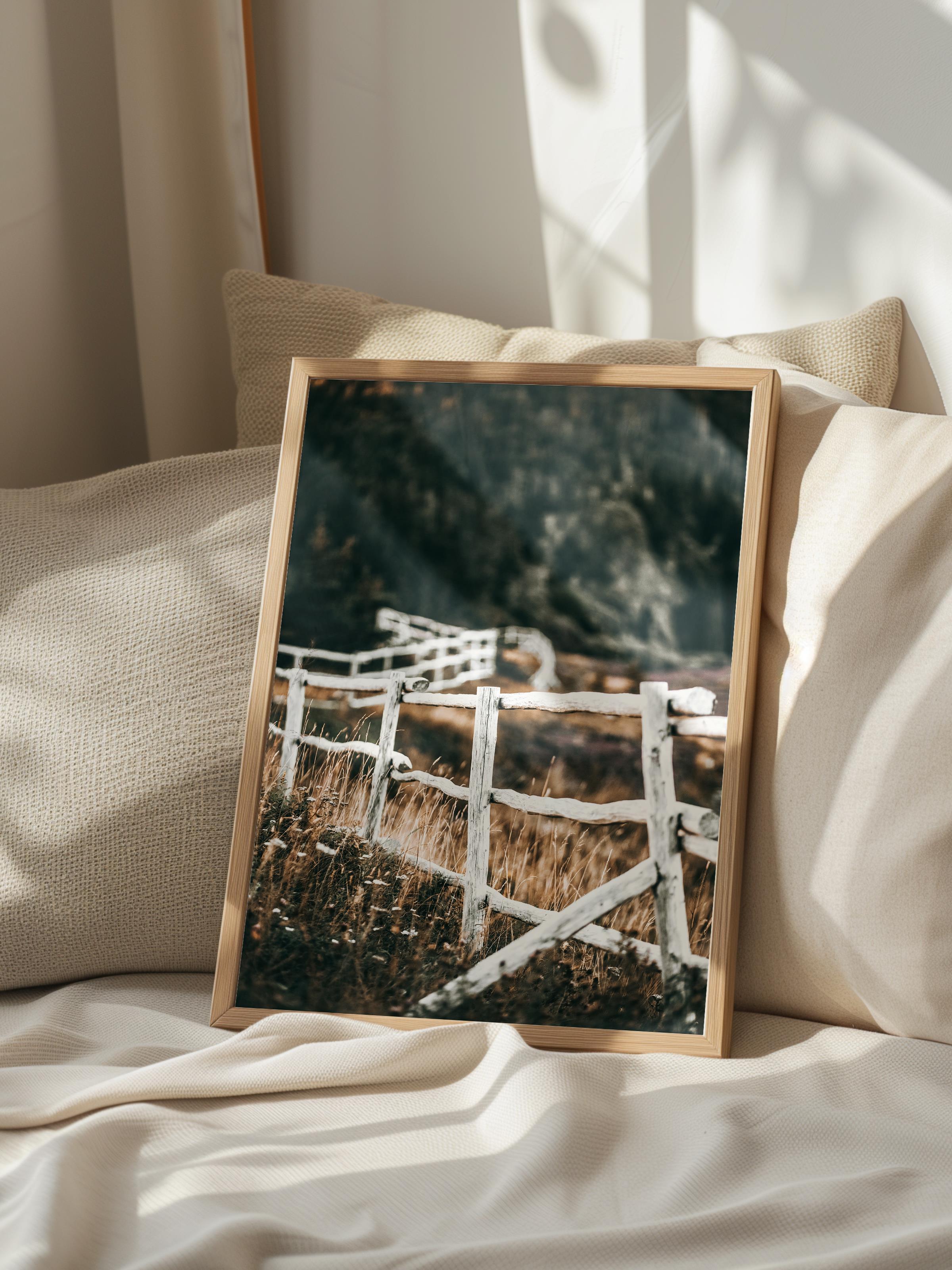 Rustic Çerçevesiz Poster, İskandinav Kahverengi Poster, NO:222 Beyaz Çit Fotoğraf, Dikey