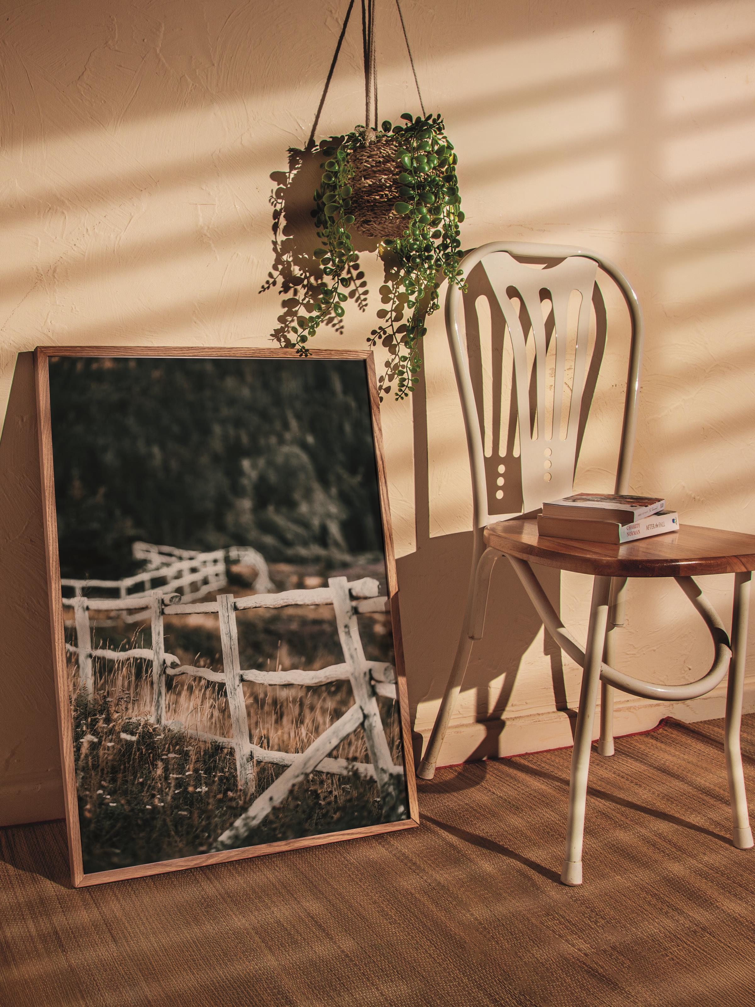 Rustic Çerçevesiz Poster, İskandinav Kahverengi Poster, NO:222 Beyaz Çit Fotoğraf, Dikey