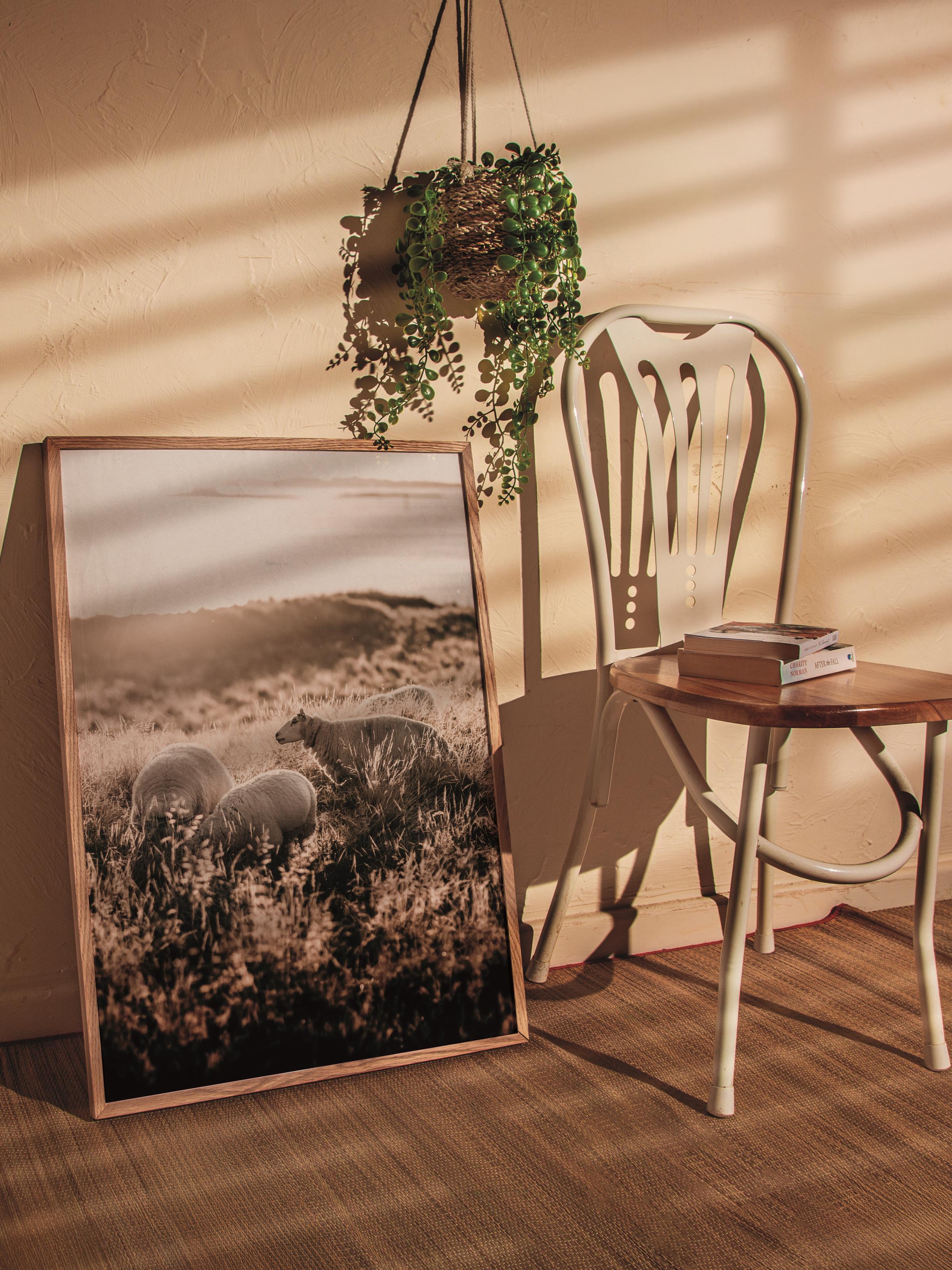 Rustic Çerçevesiz Poster, İskandinav Kahverengi Poster, NO:223 Koyunlar ve Gün Batımı Fotoğraf, Dikey