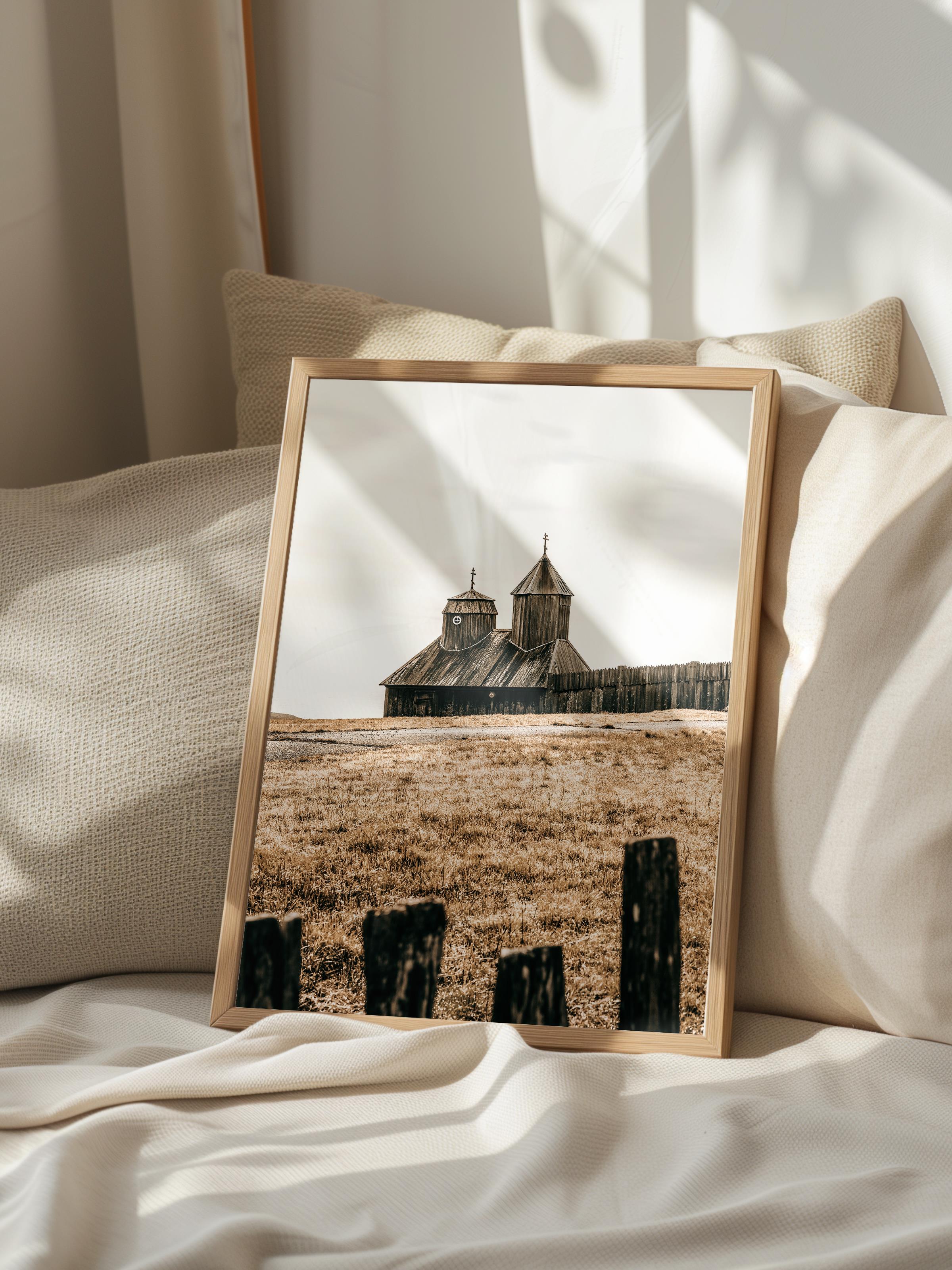 Rustic Çerçevesiz Poster, İskandinav Kahverengi Poster, NO:224 Çit ve Ev Fotoğraf, Dikey