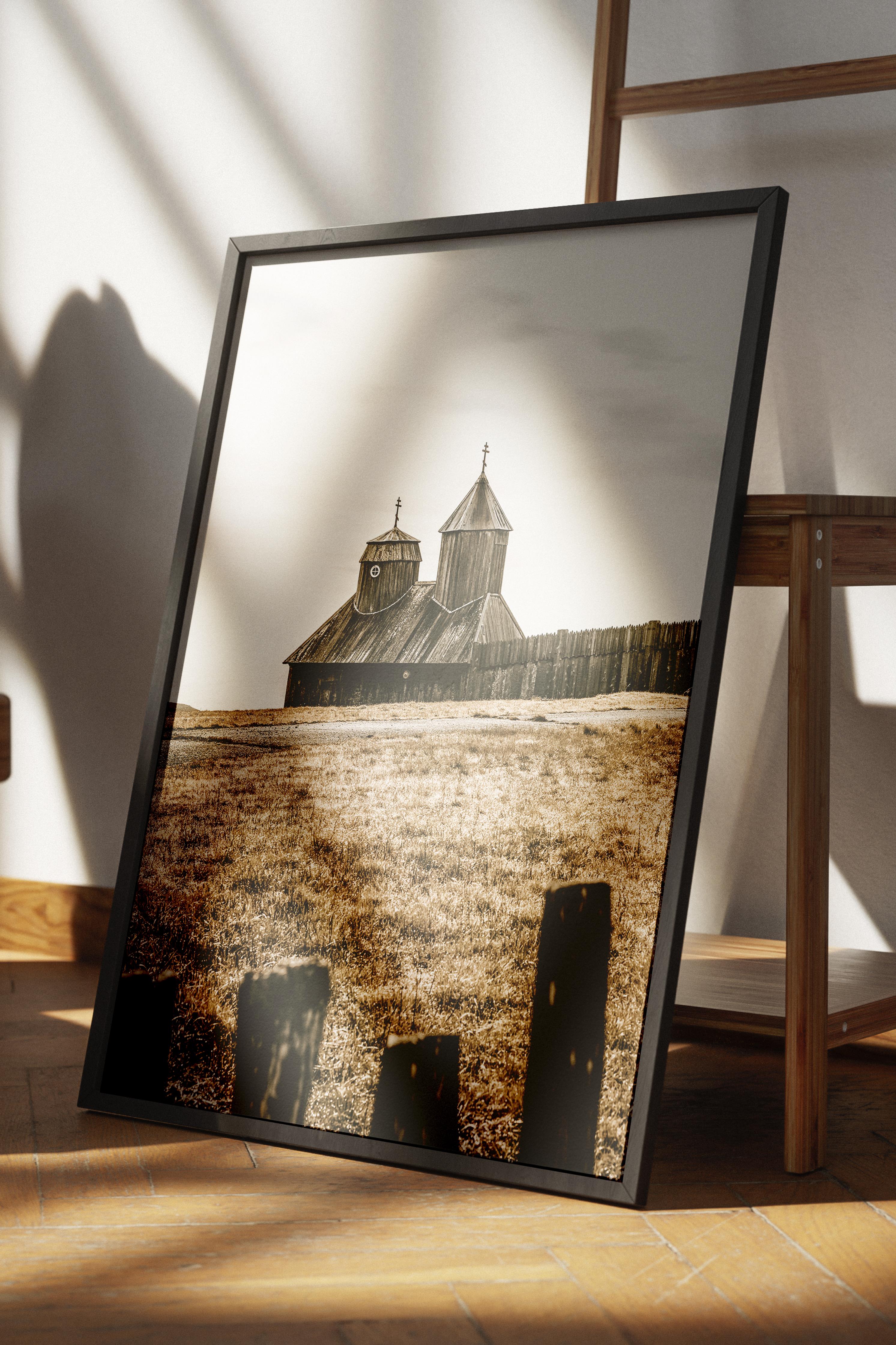Rustic Çerçevesiz Poster, İskandinav Kahverengi Poster, NO:224 Çit ve Ev Fotoğraf, Dikey