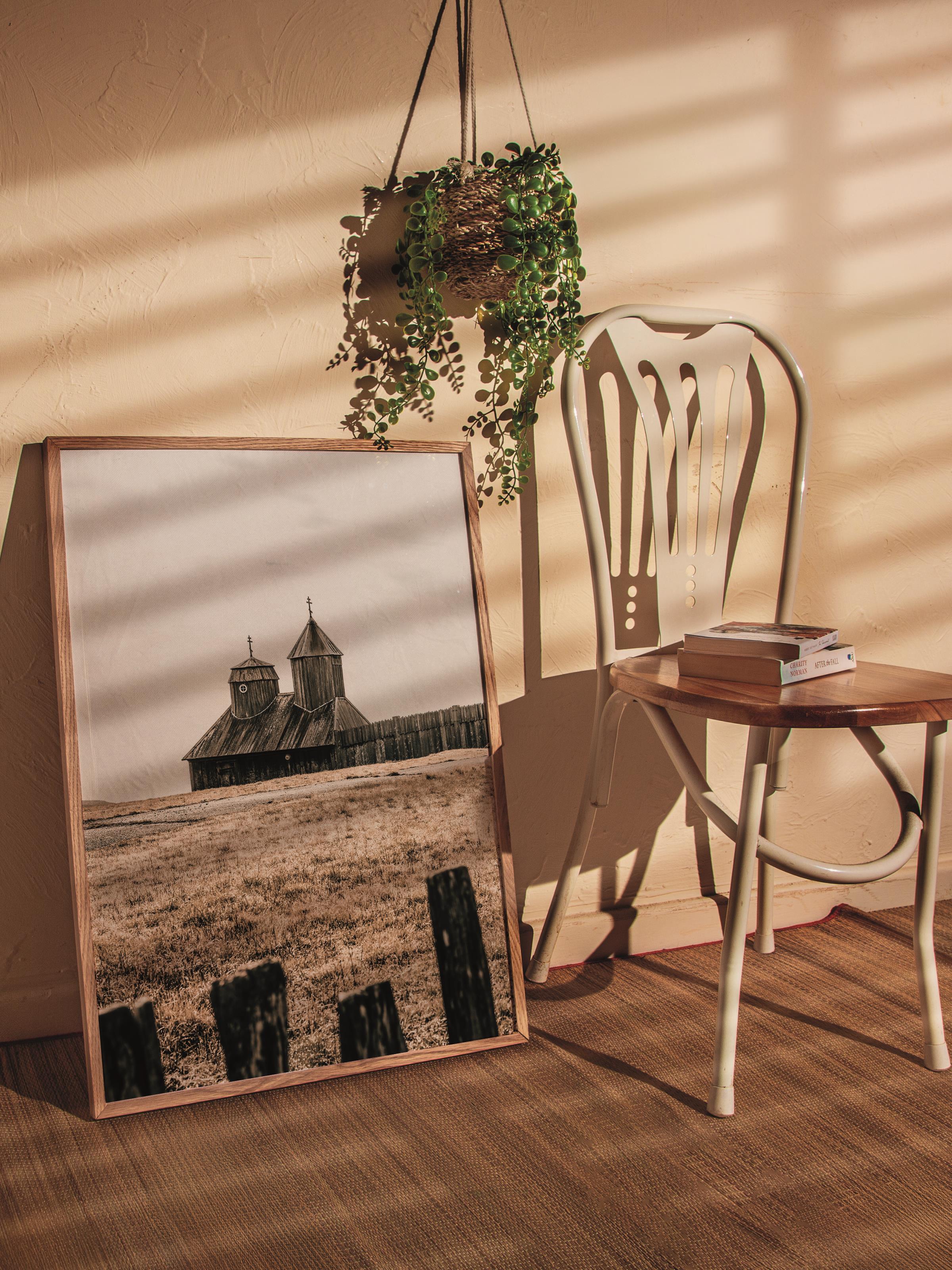 Rustic Çerçevesiz Poster, İskandinav Kahverengi Poster, NO:224 Çit ve Ev Fotoğraf, Dikey
