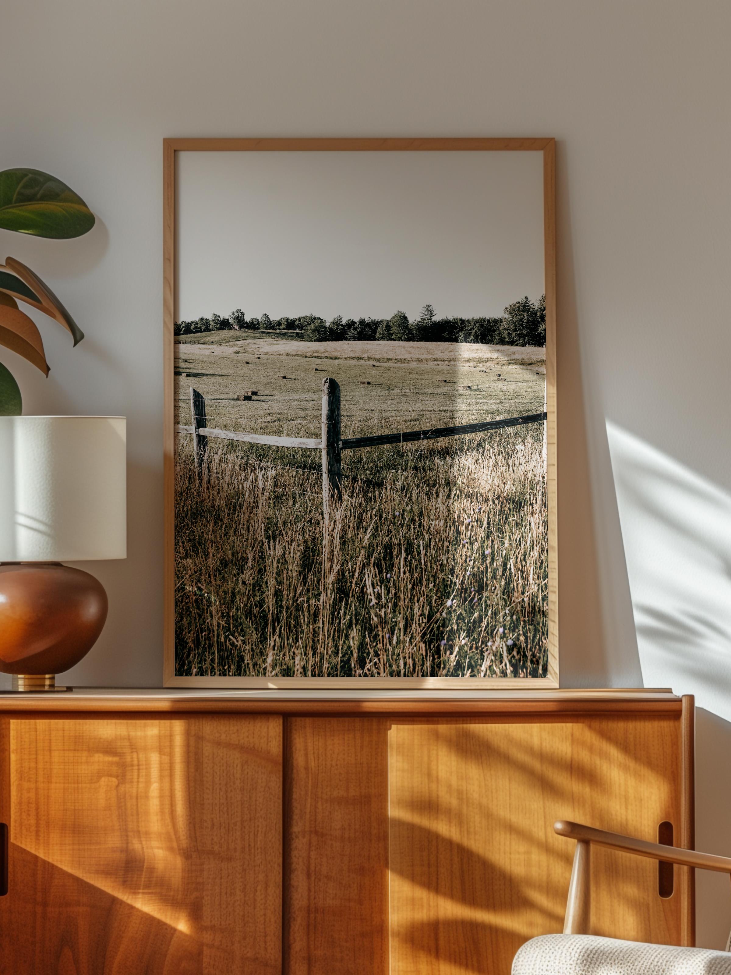 Rustic Çerçevesiz Poster, İskandinav Kahverengi Poster, NO:227 Tarla ve Çit Fotoğraf, Dikey