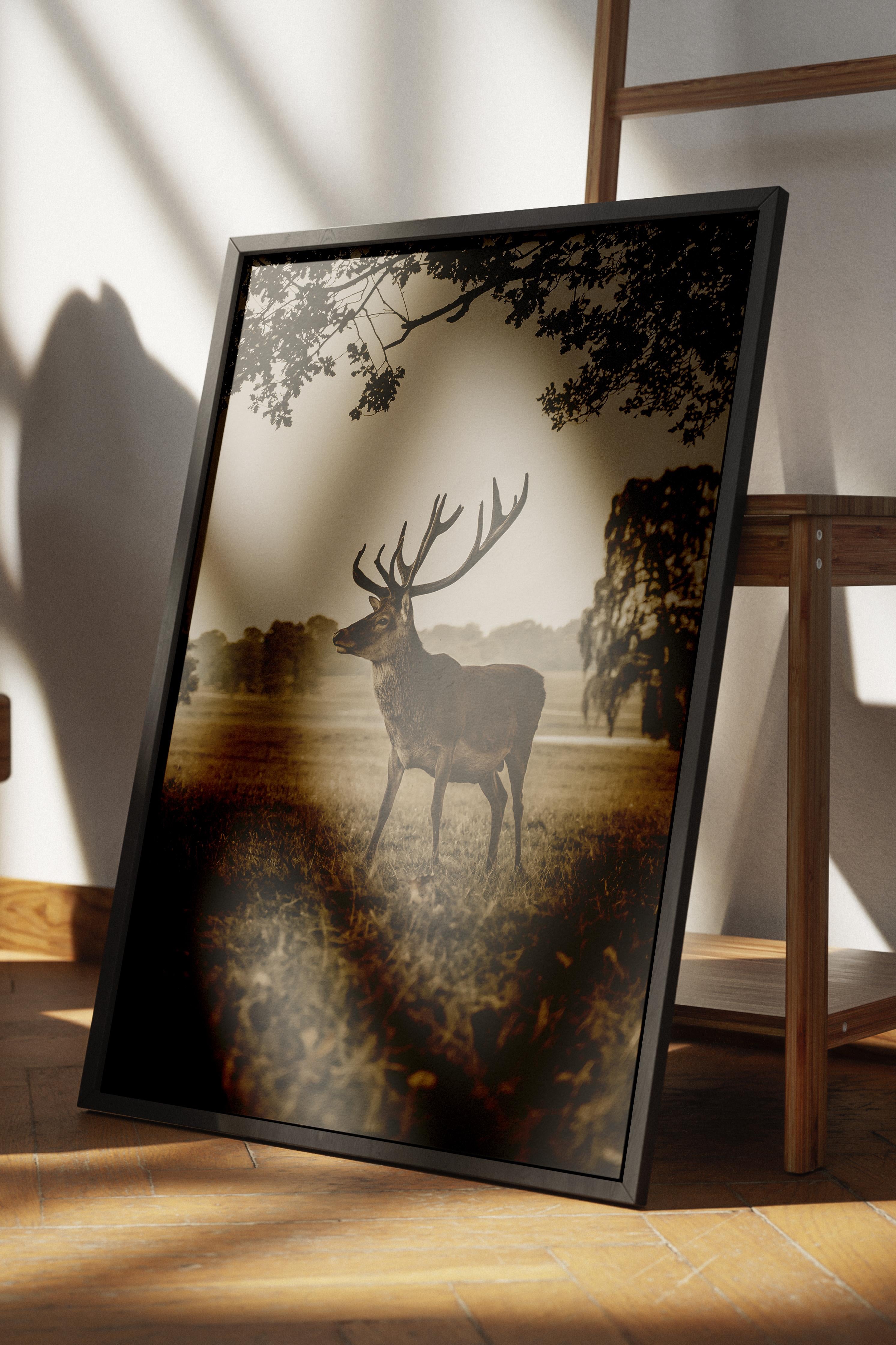 Rustic Çerçevesiz Poster, İskandinav Kahverengi Poster, NO:23 Geyik ve Ağaçlar Fotoğraf, Dikey