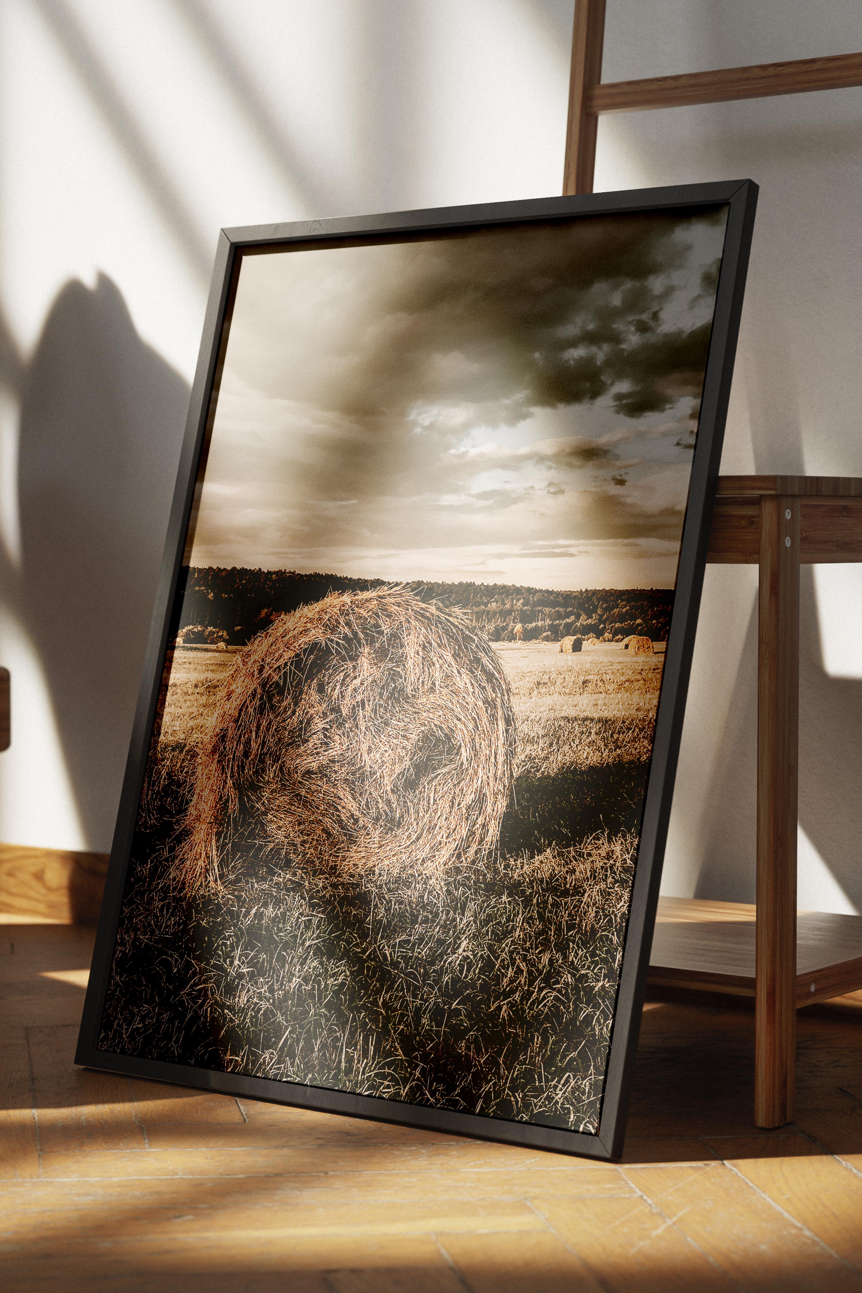 Rustic Çerçevesiz Poster, İskandinav Kahverengi Poster, NO:231 Saman Balyaları Fotoğraf, Dikey