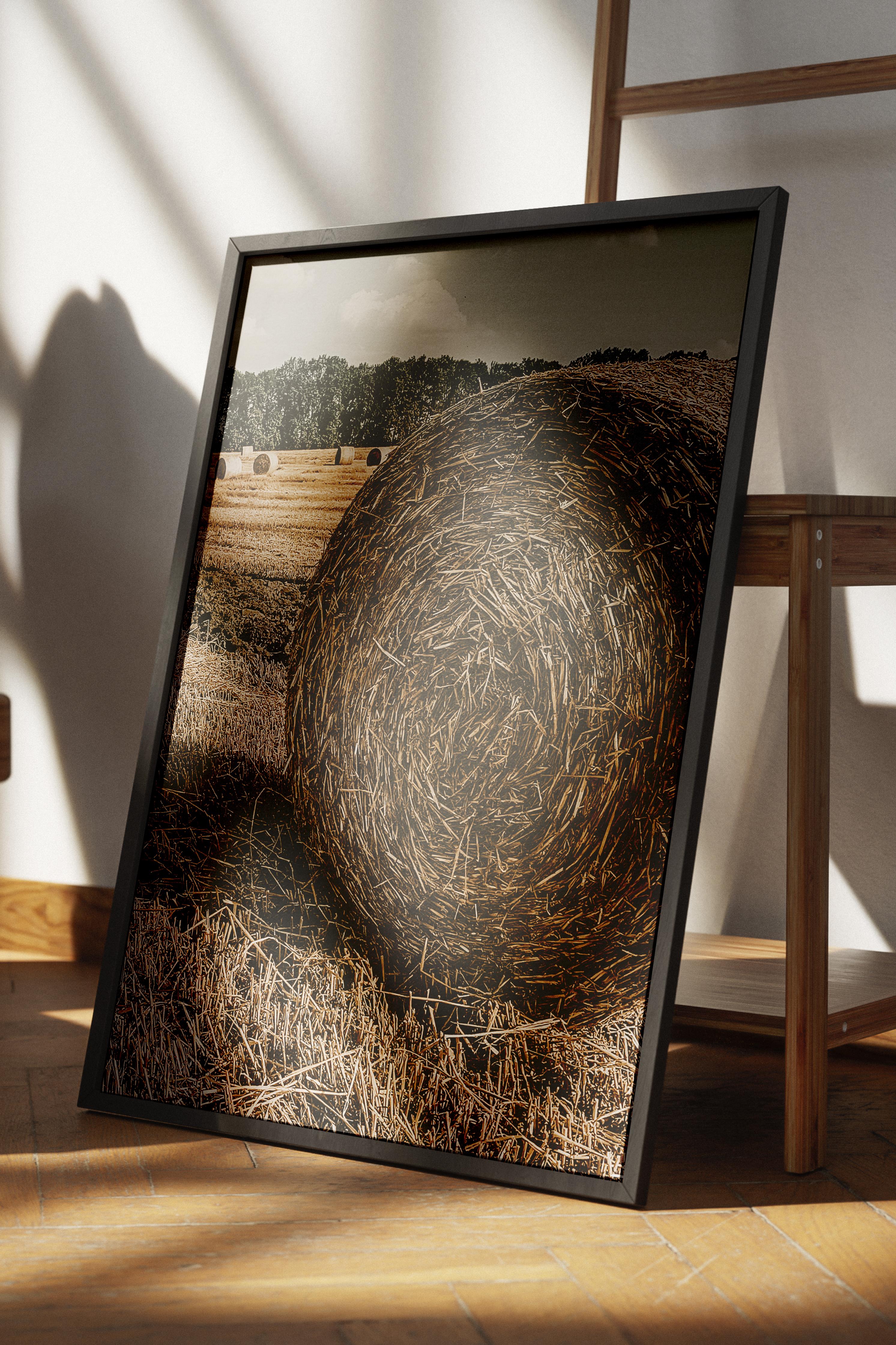 Rustic Çerçevesiz Poster, İskandinav Kahverengi Poster, NO:232 Saman Balyası Yakın Plan Fotoğraf