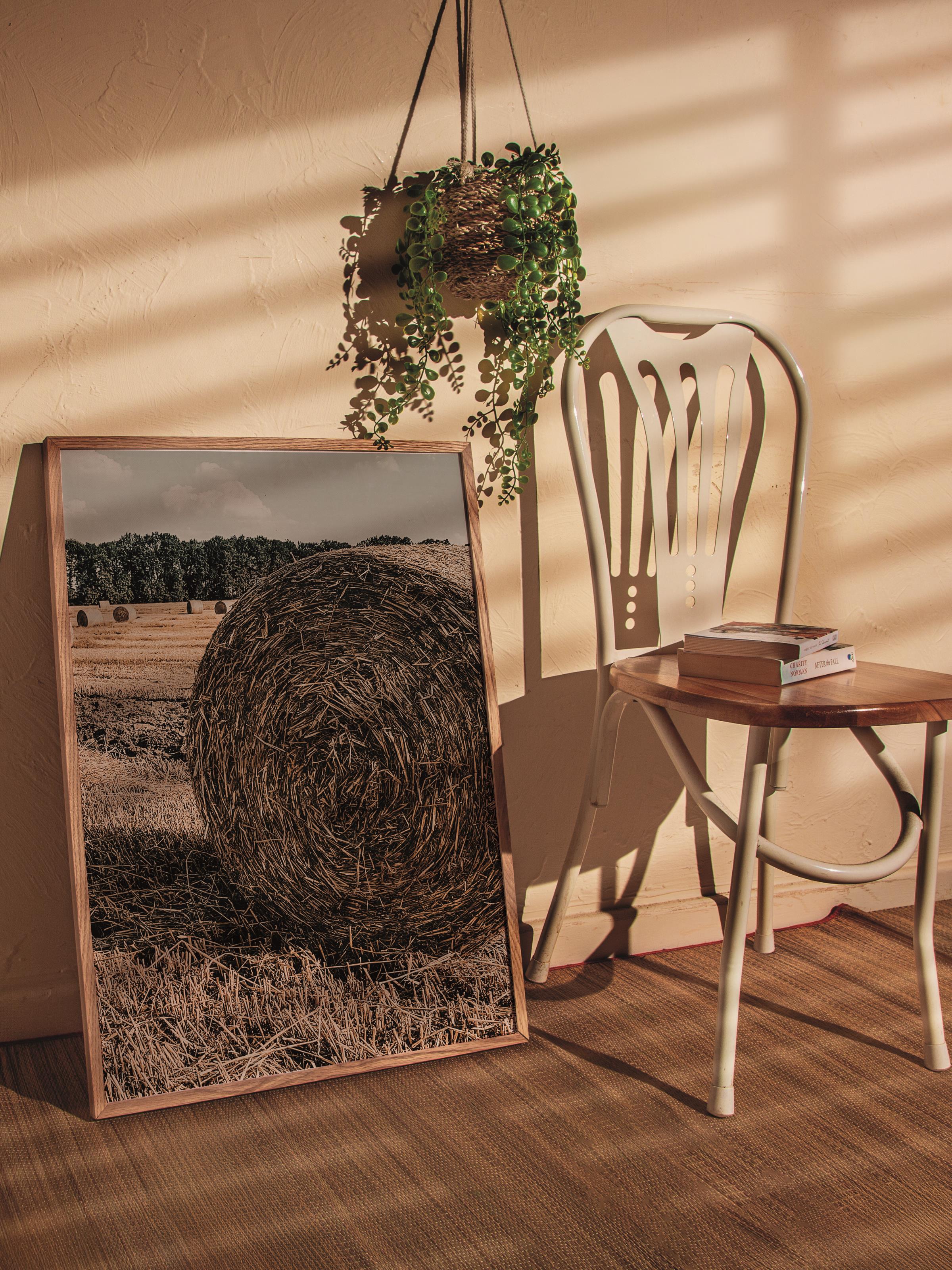 Rustic Çerçevesiz Poster, İskandinav Kahverengi Poster, NO:232 Saman Balyası Yakın Plan Fotoğraf