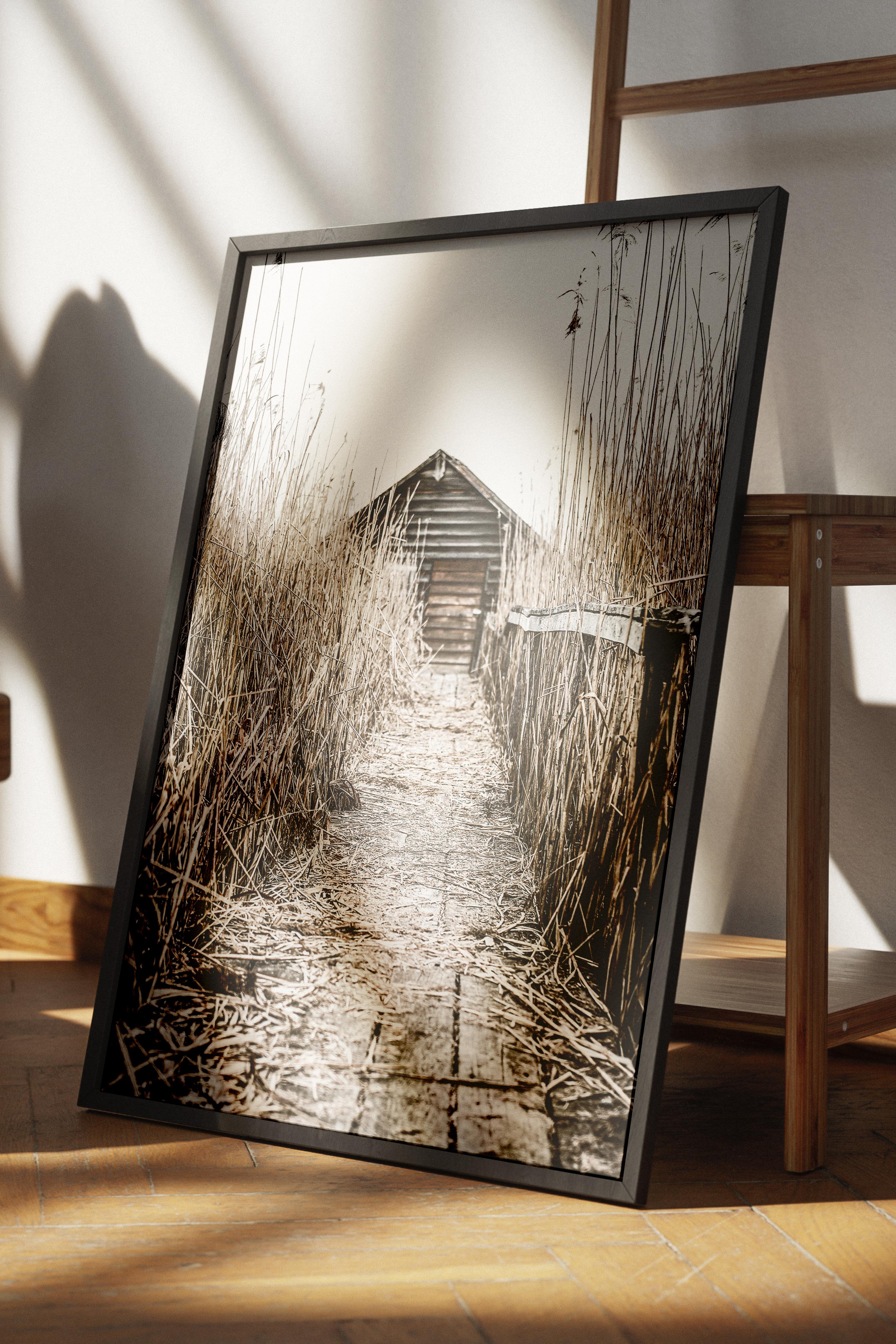 Rustic Çerçevesiz Poster, İskandinav Kahverengi Poster, NO:237 Ahşap Yol ve Ev Fotoğraf, Dikey