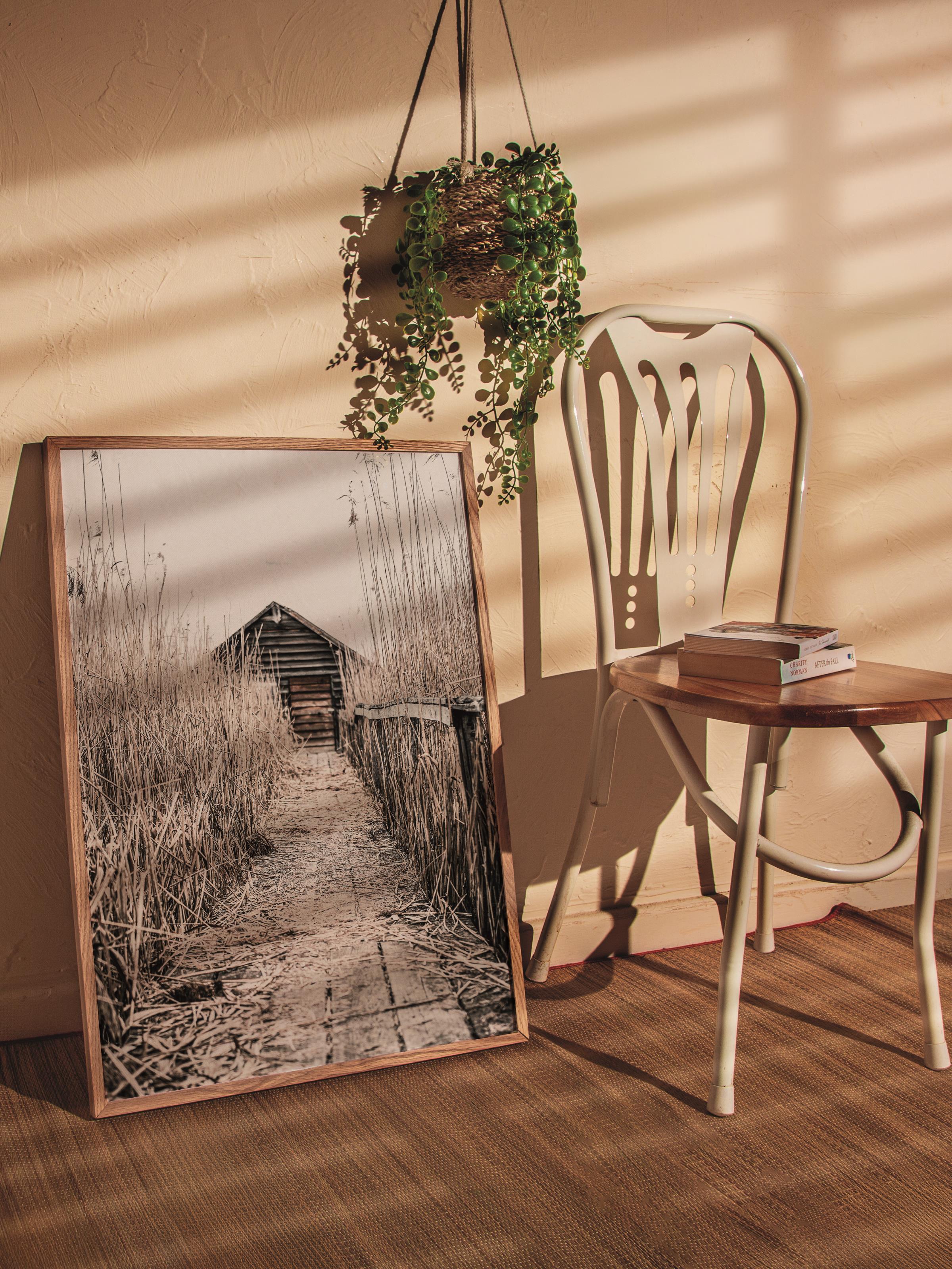 Rustic Çerçevesiz Poster, İskandinav Kahverengi Poster, NO:237 Ahşap Yol ve Ev Fotoğraf, Dikey