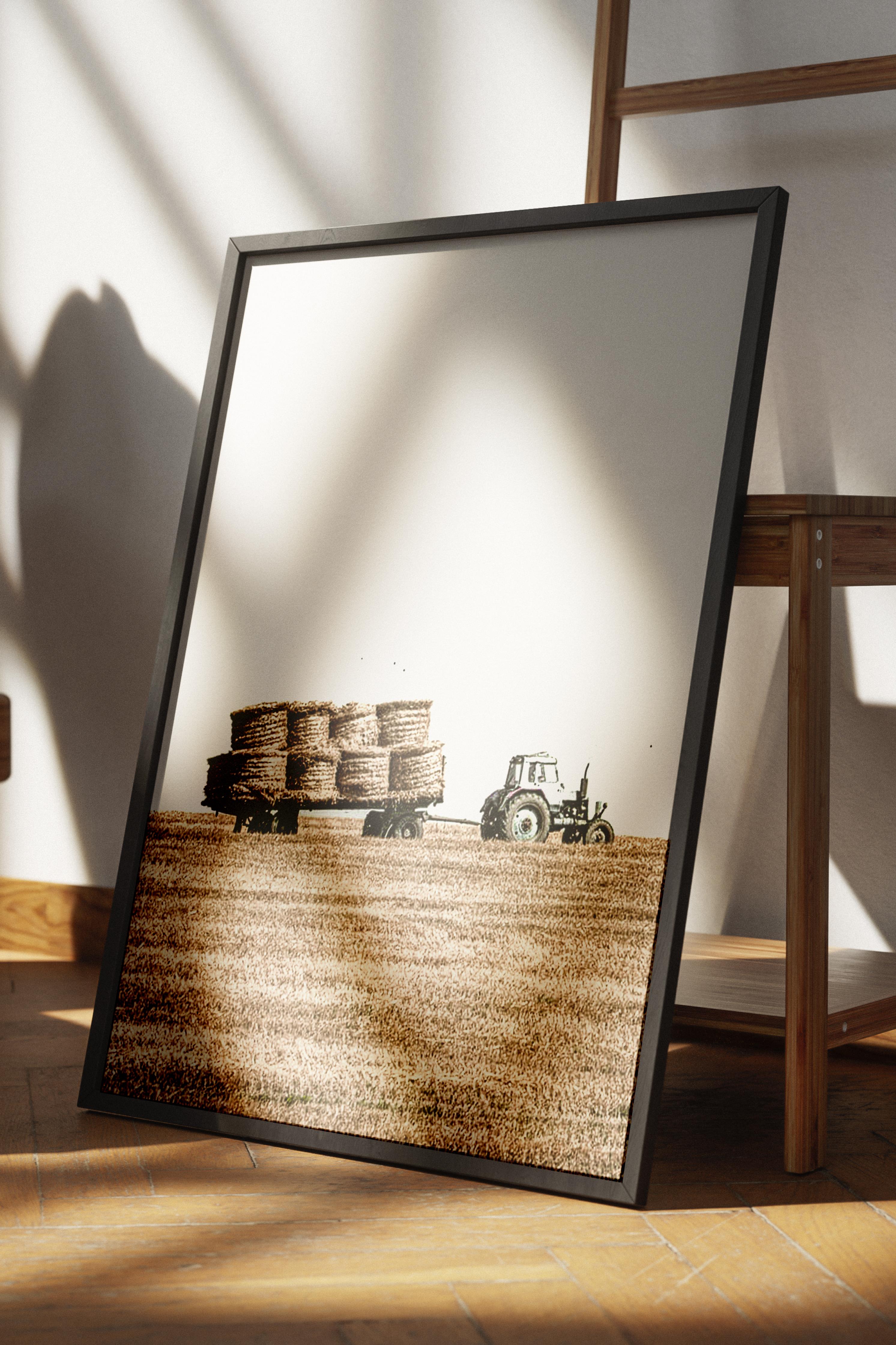 Rustic Çerçevesiz Poster, İskandinav Kahverengi Poster, NO:248 Tarla ve Saman Balyaları Fotoğraf