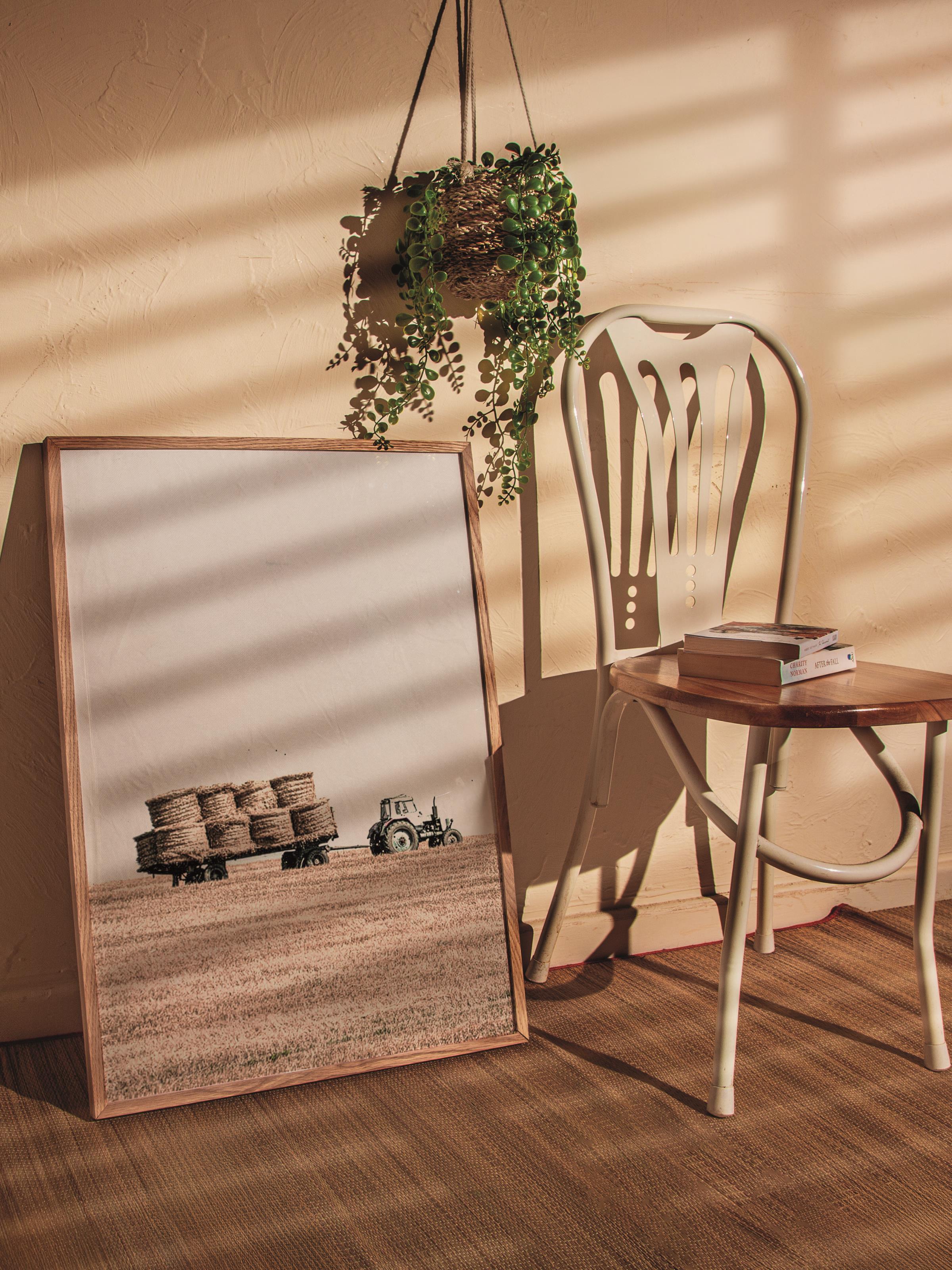 Rustic Çerçevesiz Poster, İskandinav Kahverengi Poster, NO:248 Tarla ve Saman Balyaları Fotoğraf